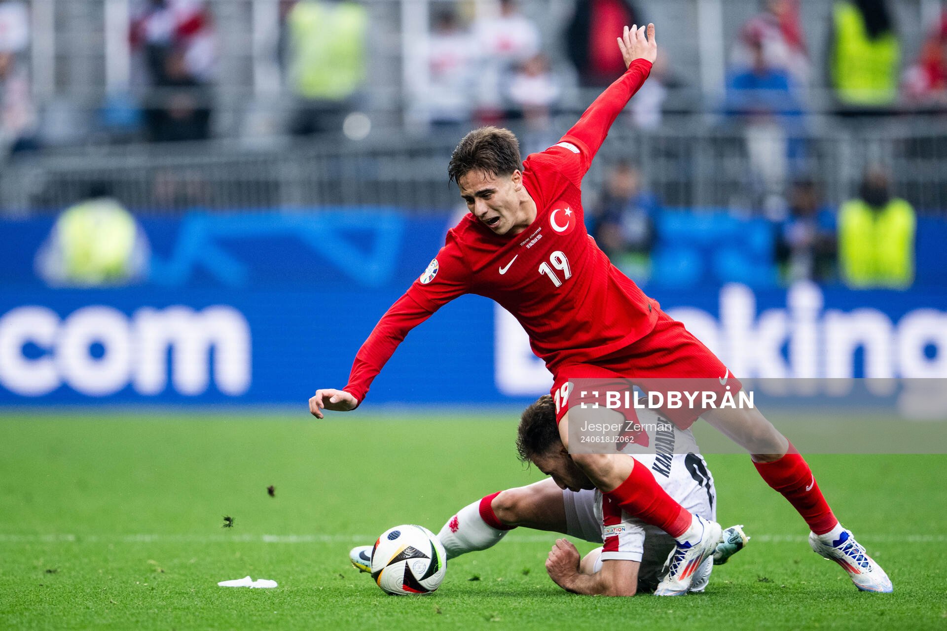 Otar Kakabadze of Georgia and Kenan Yildiz of Türkiye during the UEFA Euro 2024 Football Championship match between Türkiye and Georgia on June 18, 2024 in Dortmund.