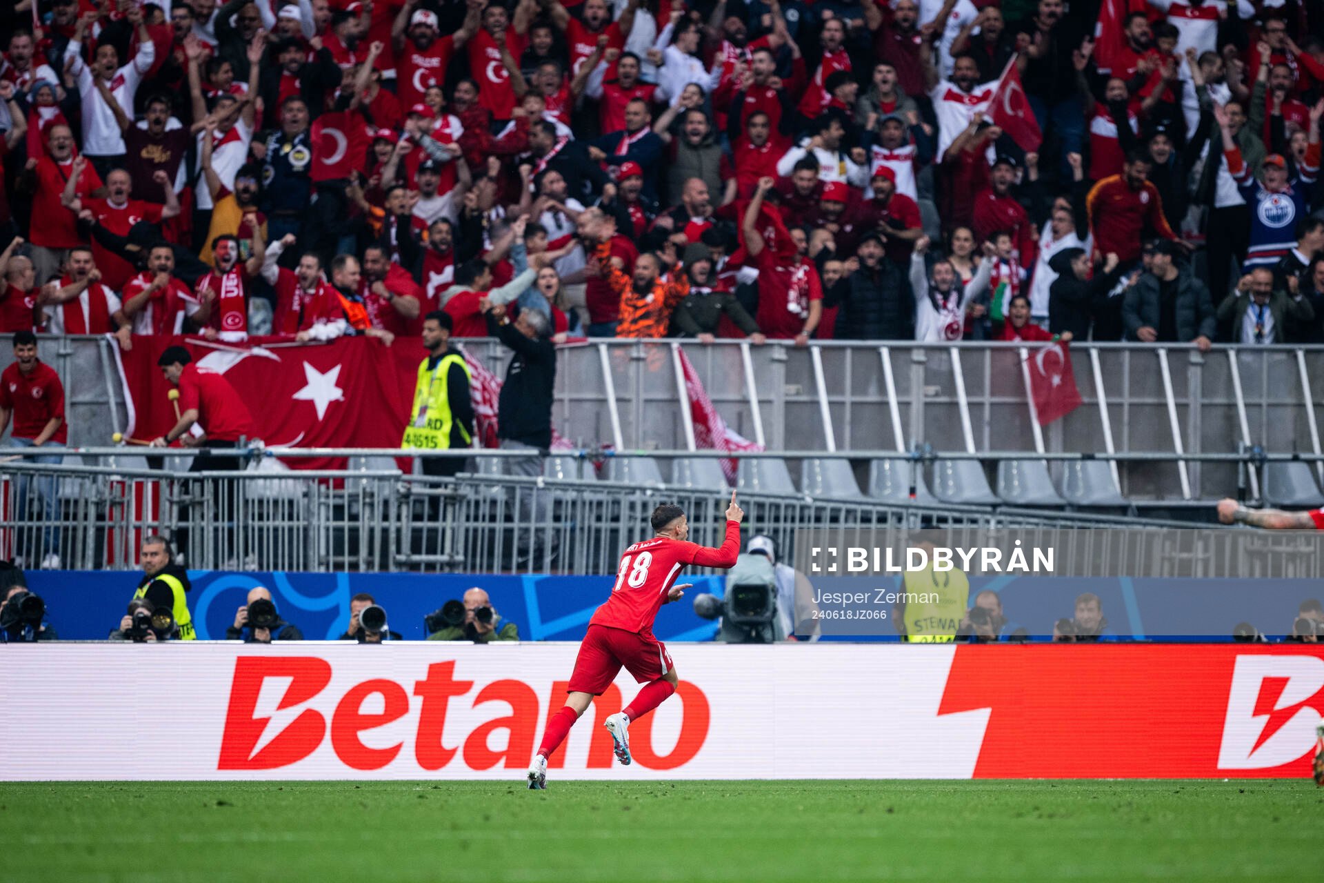 Mert Muldur of Türkiye celebrates after 1-0 during the UEFA Euro 2024 Football Championship match between Türkiye and Georgia on June 18, 2024 in Dortmund.