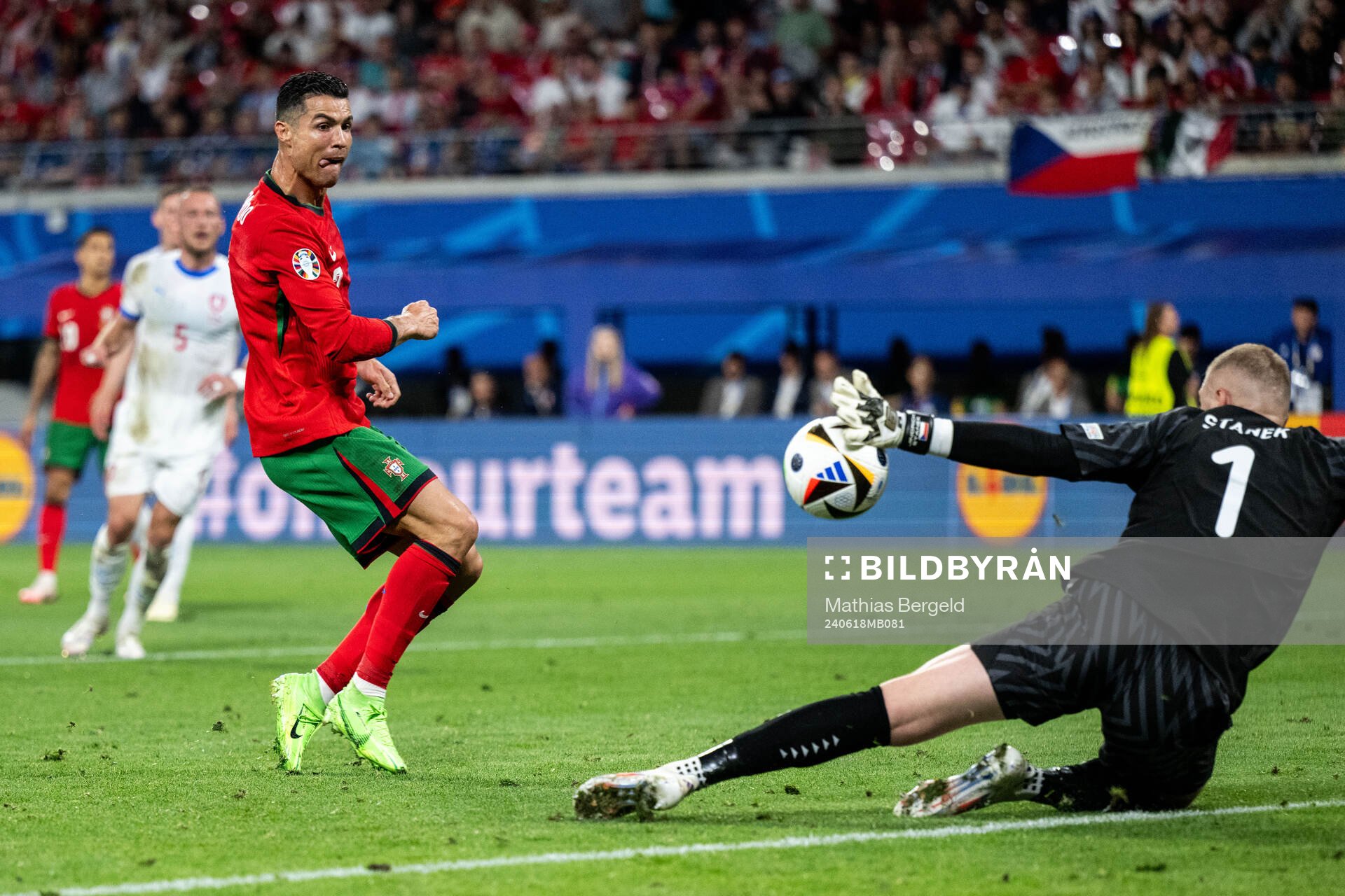 Cristiano Ronaldo of Portugal and goalkeeper Jindfich