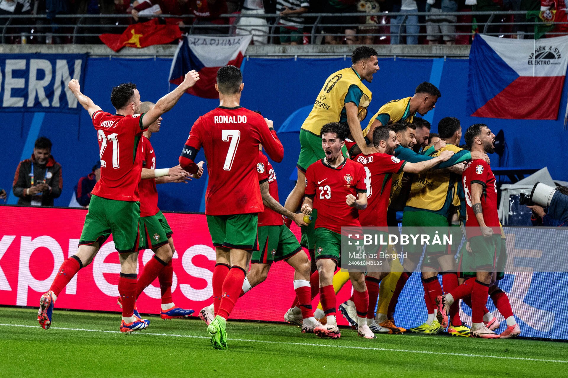 Vitinha of Portugal celebrates with team mates after 2-1 scored by Francisco Conceicao during the UEFA Euro 2024 Football Championship match between Portugal and Czech Republic on June 18, 2024 in Leipzig.