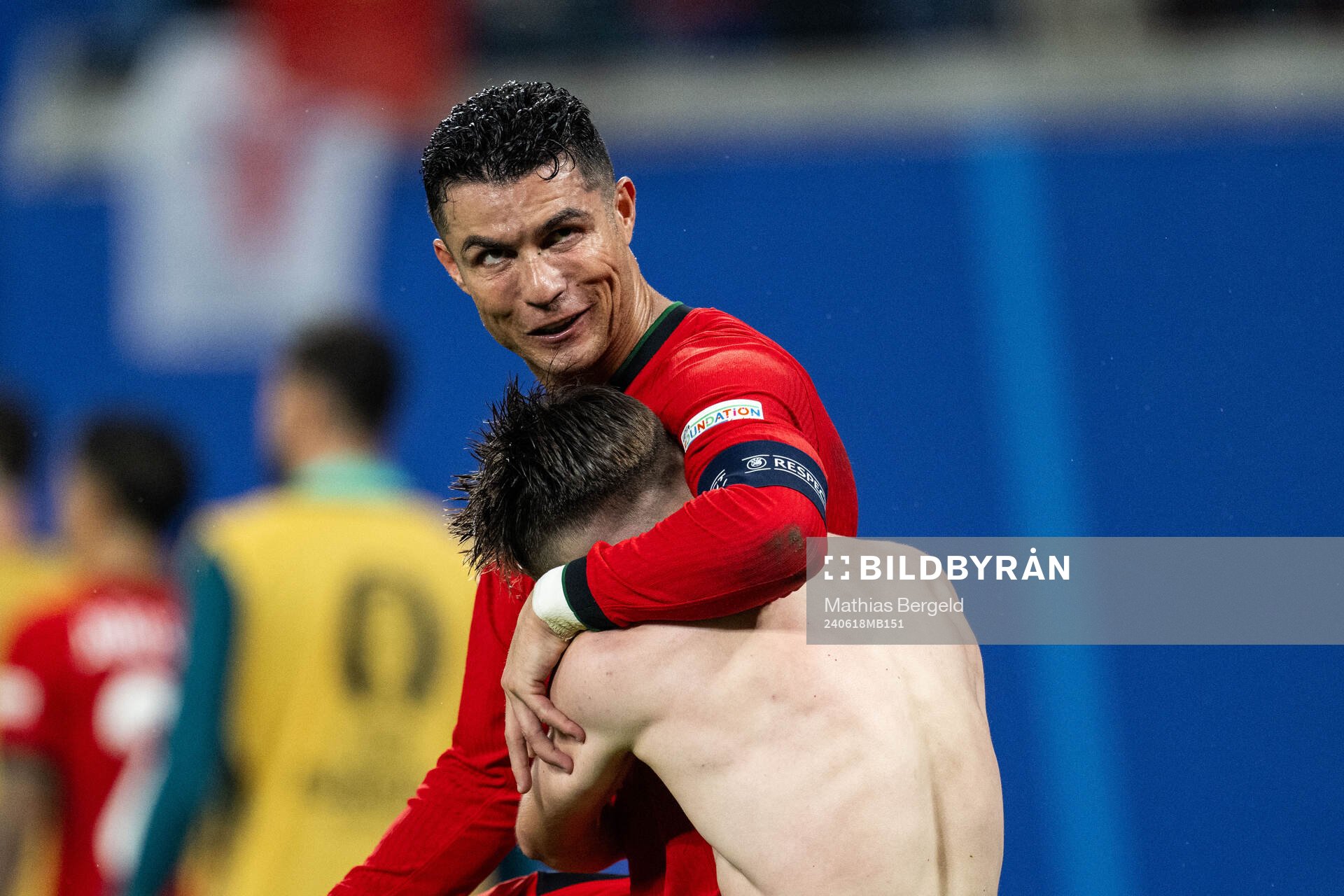 Cristiano Ronaldo and Francisco Conceicao of Portugal celebrate after 2-1 during the UEFA Euro 2024 Football Championship match between Portugal and Czech Republic on June 18, 2024 in Leipzig.