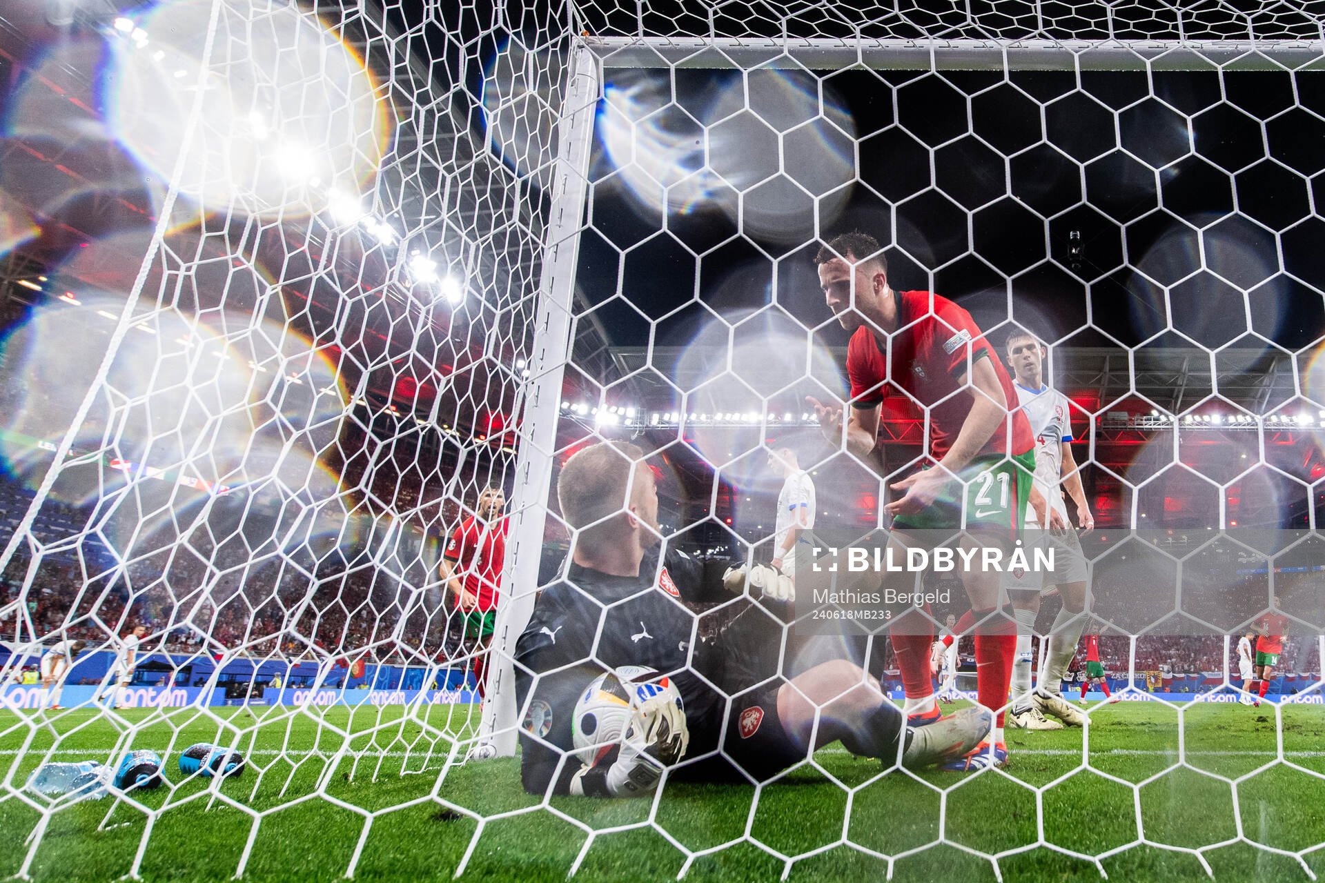 goalkeeper Jindfich Stanek of Czech Republic and Diogo Jota of Portugal after a goal that was later disallowed during the UEFA Euro 2024 Football Championship match between Portugal and Czech Republic on June 18, 2024 in Leipzig.