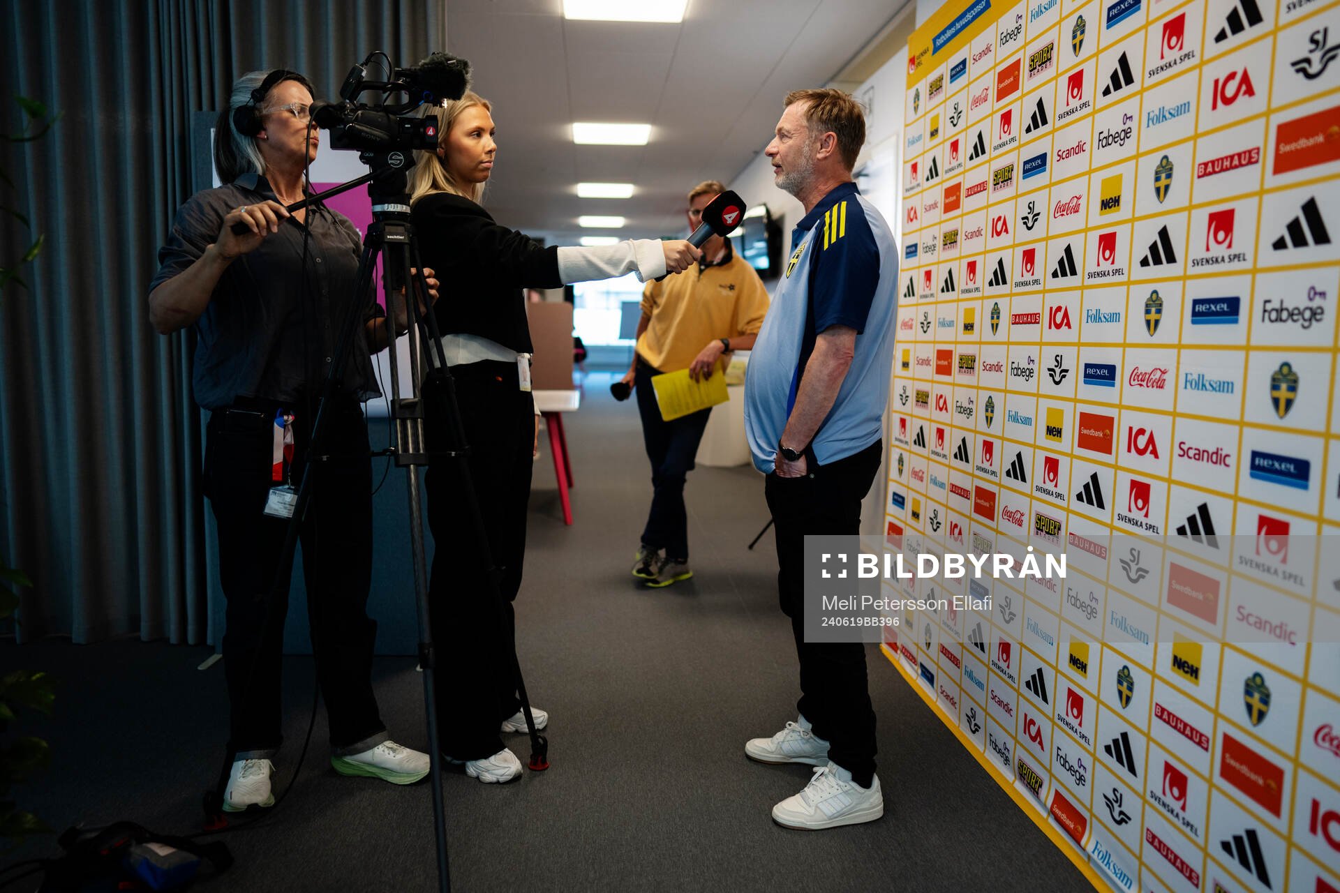 Peter Gerhardsson, head coach of the Swedish women's national football team interviewed by Swedish broadcasting company TV4 after a press conference on June 19, 2024 in Stockholm.