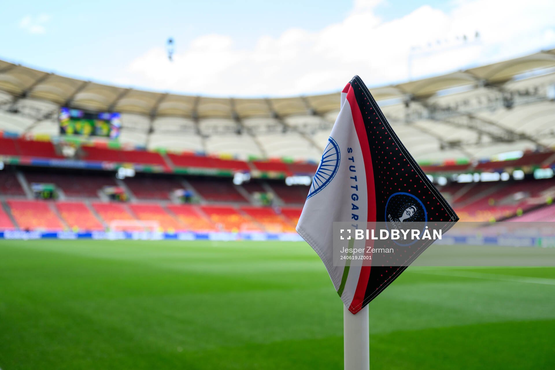 A corner flag with the UEFA Euro 2024 logotype ahead of the UEFA Euro 2024 Football Championship match between Germany and Hungary on June 19, 2024 in Stuttgart.