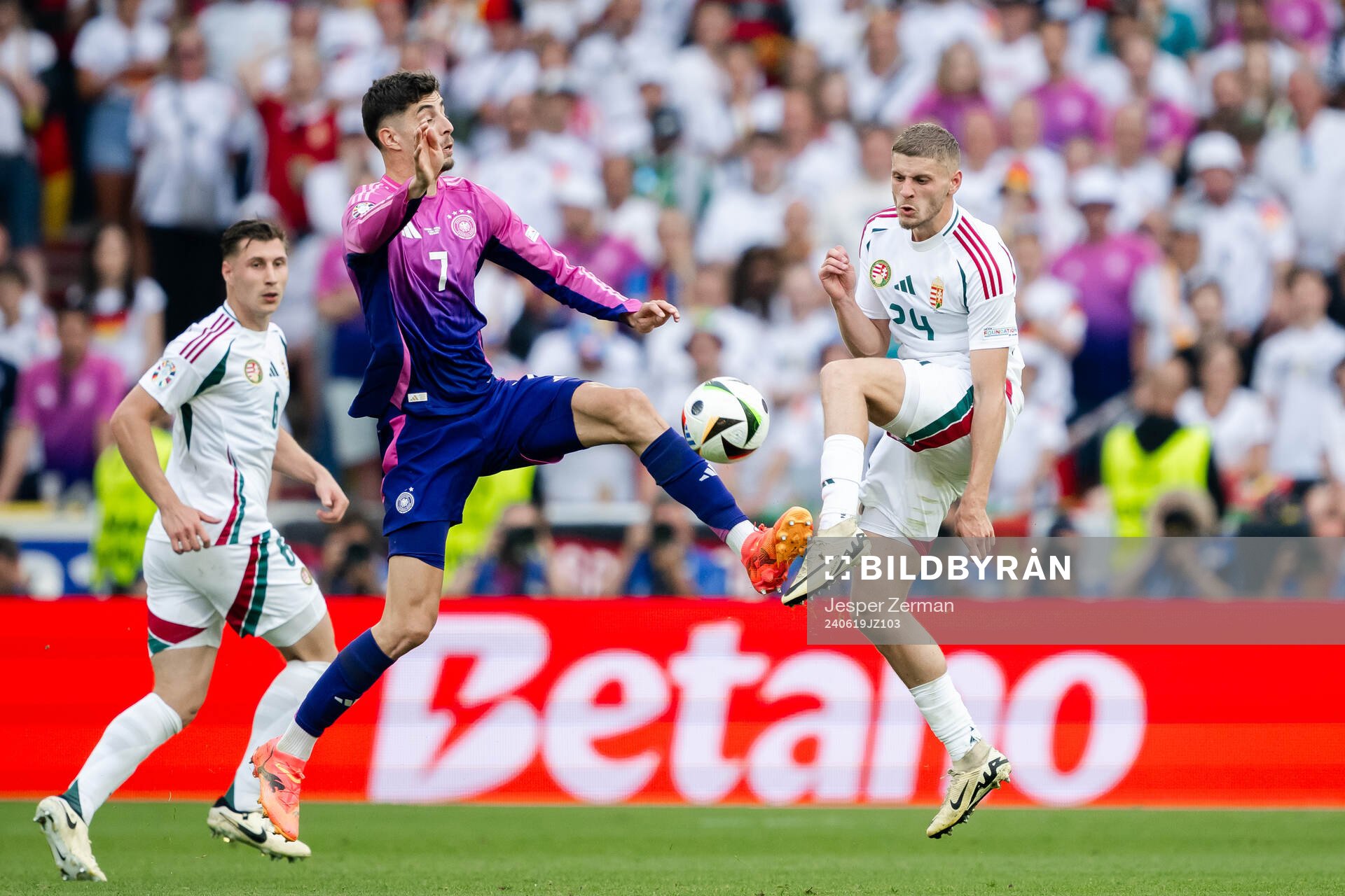 Kai Havertz of Germany and Marton Dardai of Hungary during the UEFA Euro 2024 Football Championship match between Germany and Hungary on June 19, 2024 in Stuttgart.