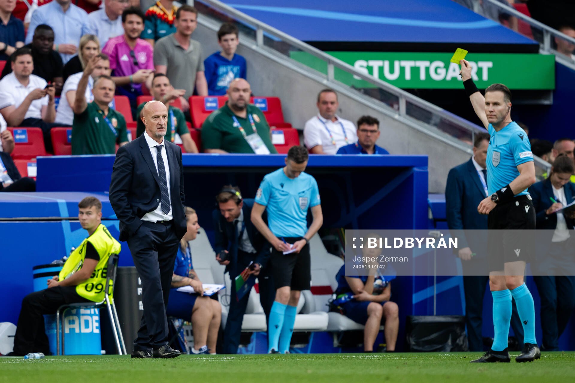 Head coach Marco Rossi of Hungary receives a yellow card during the UEFA Euro 2024 Football Championship match between Germany and Hungary on June 19, 2024 in Stuttgart.