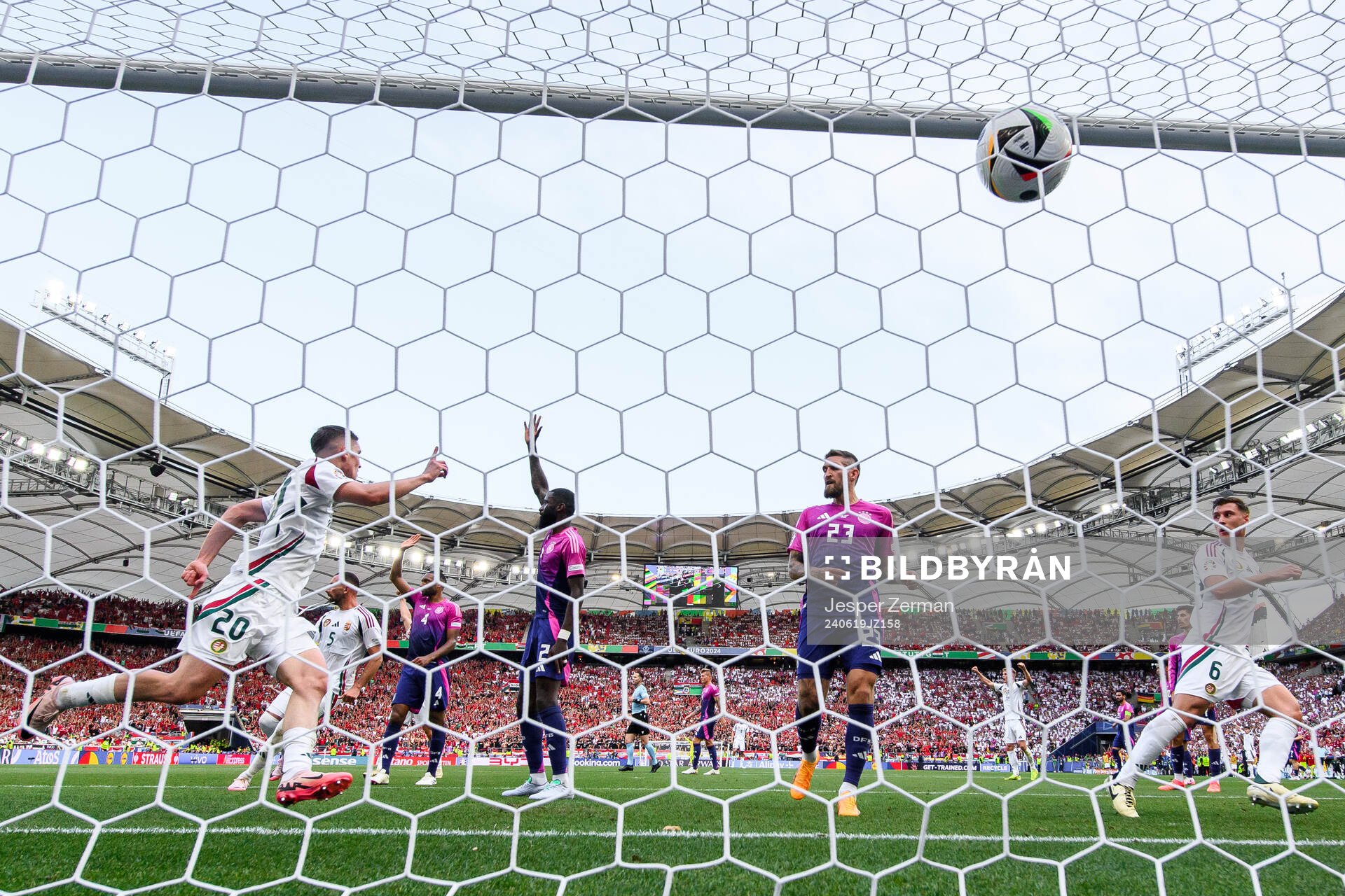 Roland Sallai of Hungary celebrates after scoring a goal that is later disallowed after a VAR check during the UEFA Euro 2024 Football Championship match between Germany and Hungary on June 19, 2024 in Stuttgart. 