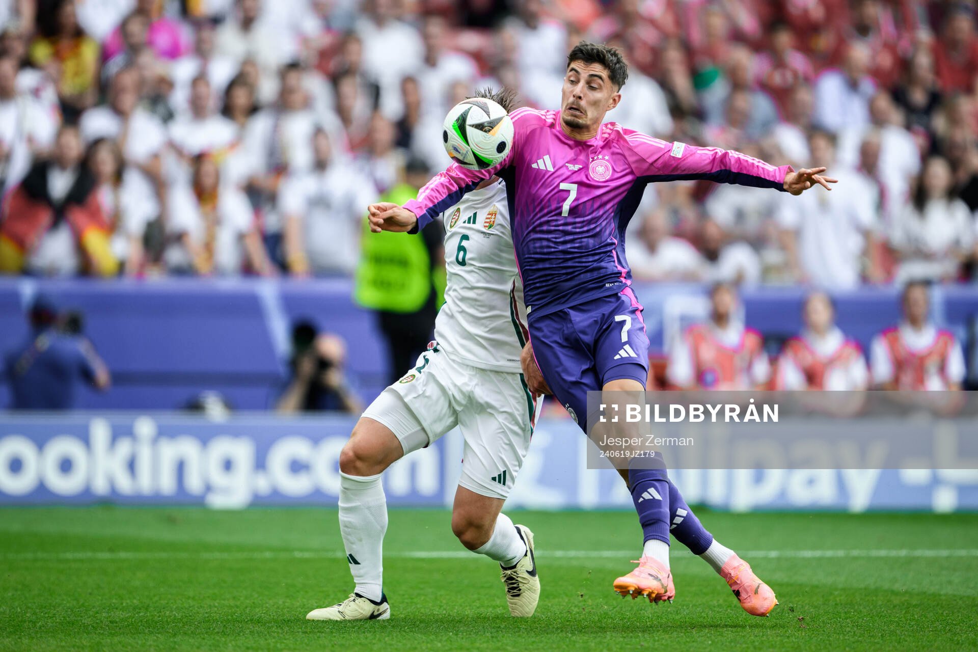 Willi Orban of Hungary against Kai Havertz of Germany during the UEFA Euro 2024 Football Championship match between Germany and Hungary on June 19, 2024 in Stuttgart.