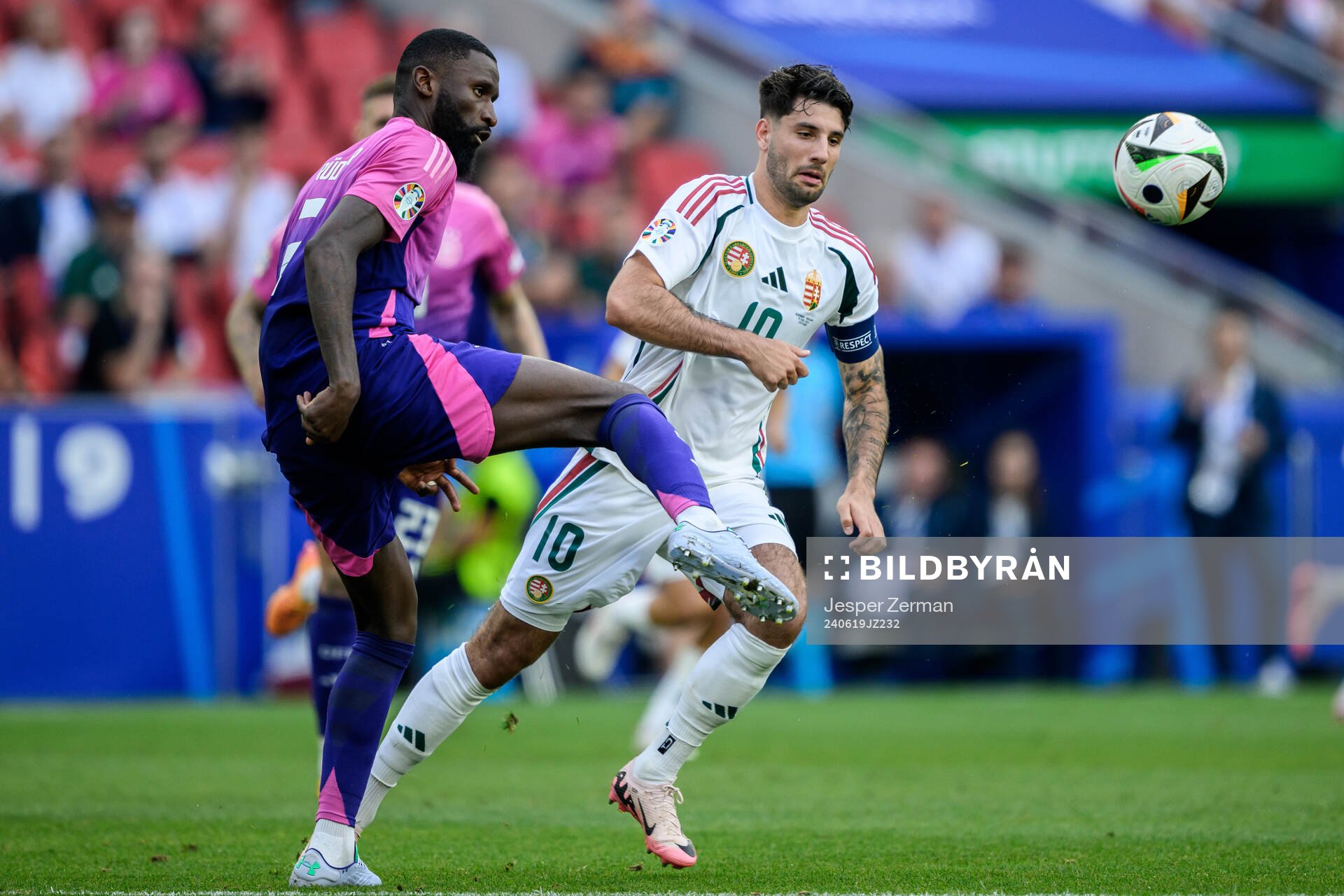 Antonio Ruediger of Germany and Dominik Szoboszlai of Hungary during the UEFA Euro 2024 Football Championship match between Germany and Hungary on June 19, 2024 in Stuttgart.