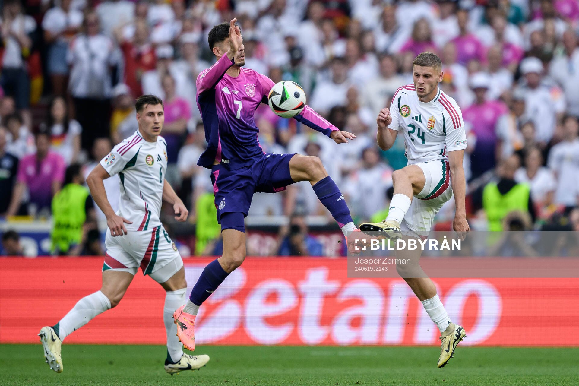 Kai Havertz of Germany and Marton Dardai of Hungary during the UEFA Euro 2024 Football Championship match between Germany and Hungary on June 19, 2024 in Stuttgart.