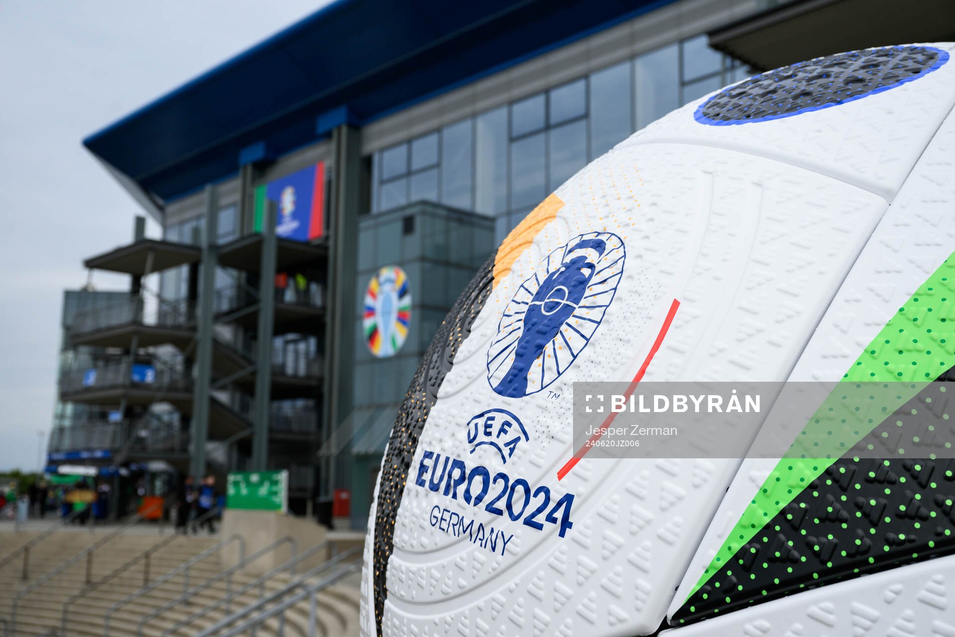 A football with the UEFA Euro 2024 logotype outside of Arena Auf Schalke ahead of the UEFA Euro 2024 Football Championship match between Spain and Italy on June 20, 2024 in Gelsenkirchen.