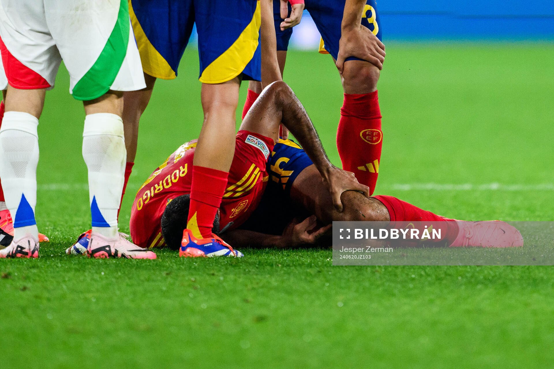 Rodrigo Hernandez of Spain in pain