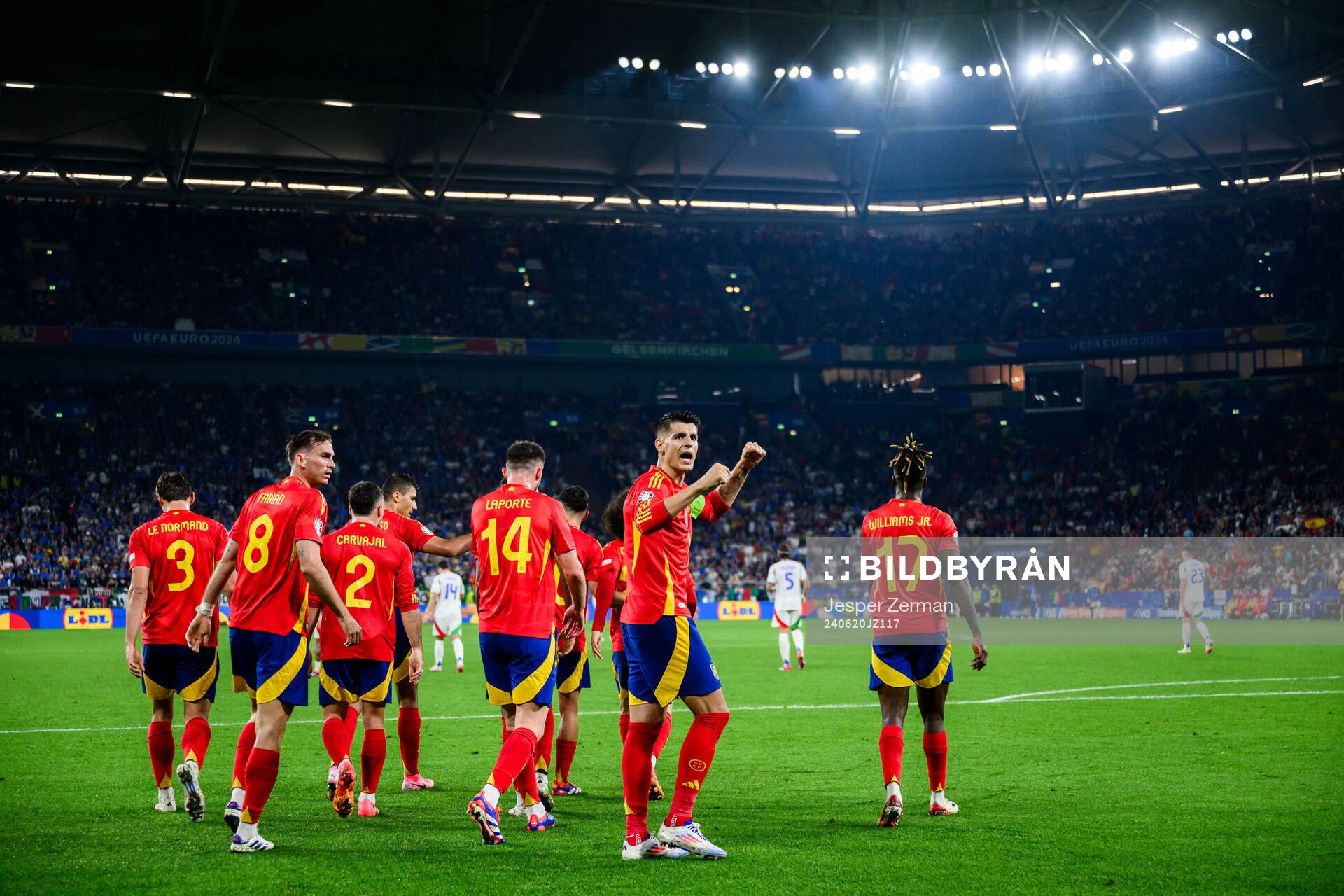 Alvaro Morata of Spain celebrates after 1-0 during the UEFA Euro 2024 Football Championship match between Spain and Italy on June 20, 2024 in Gelsenkirchen.