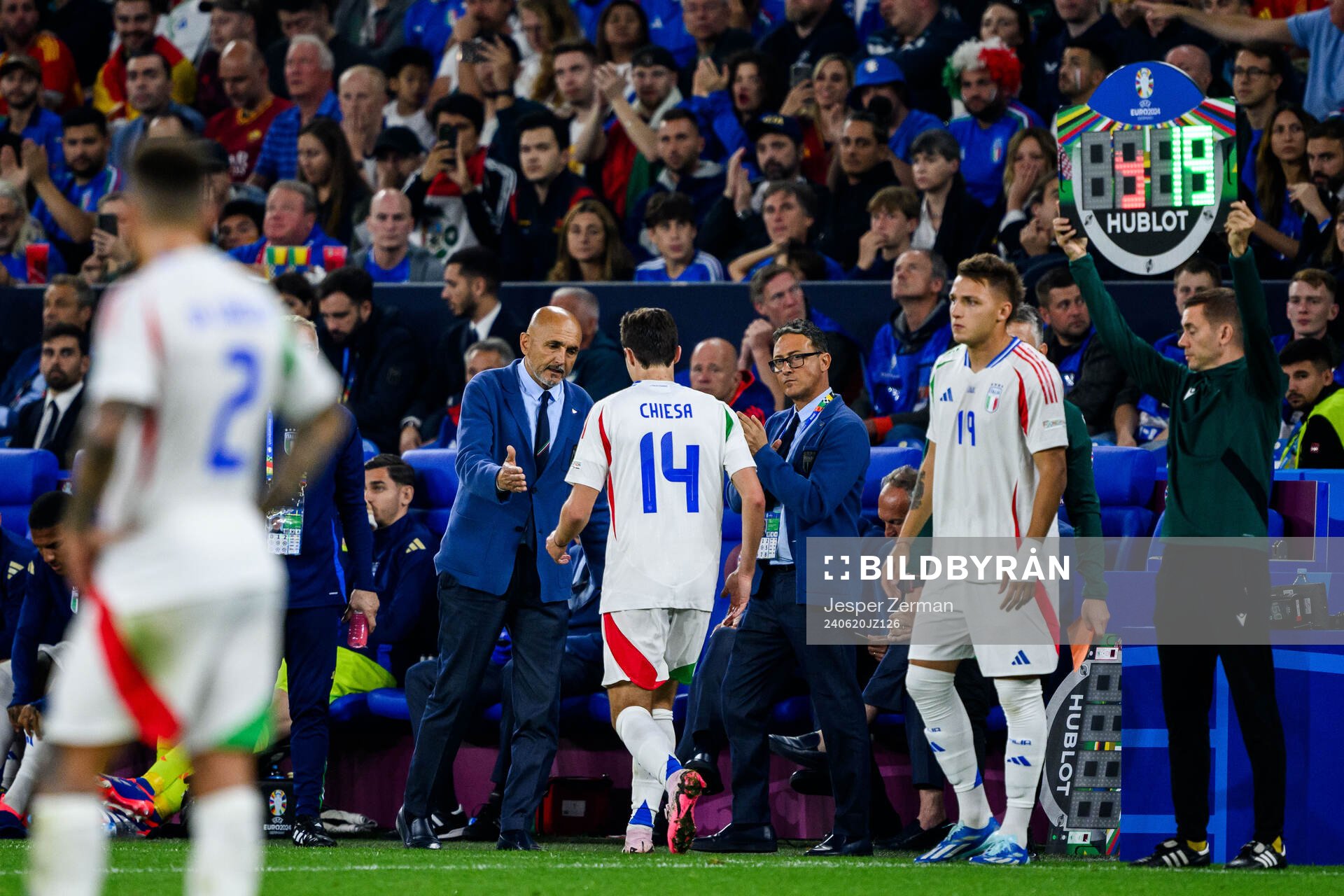 Head coach Luciano Spalletti and Federico Chiesa of Italy during the UEFA Euro 2024 Football Championship match between Spain and Italy on June 20, 2024 in Gelsenkirchen.