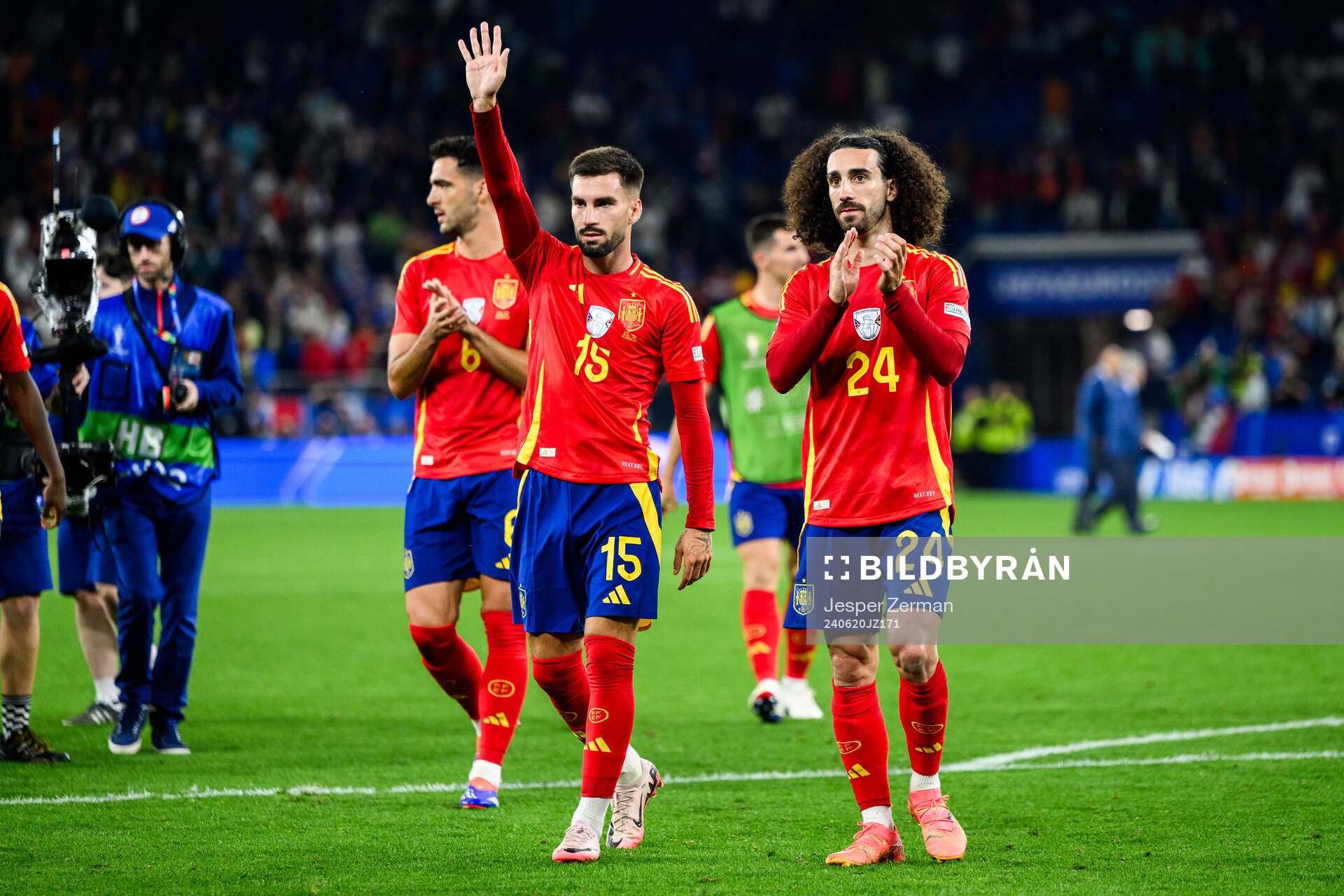 Alejandro Baena and Marc Cucurella of Spain celebrate after the UEFA Euro 2024 Football Championship match between Spain and Italy on June 20, 2024 in Gelsenkirchen. 