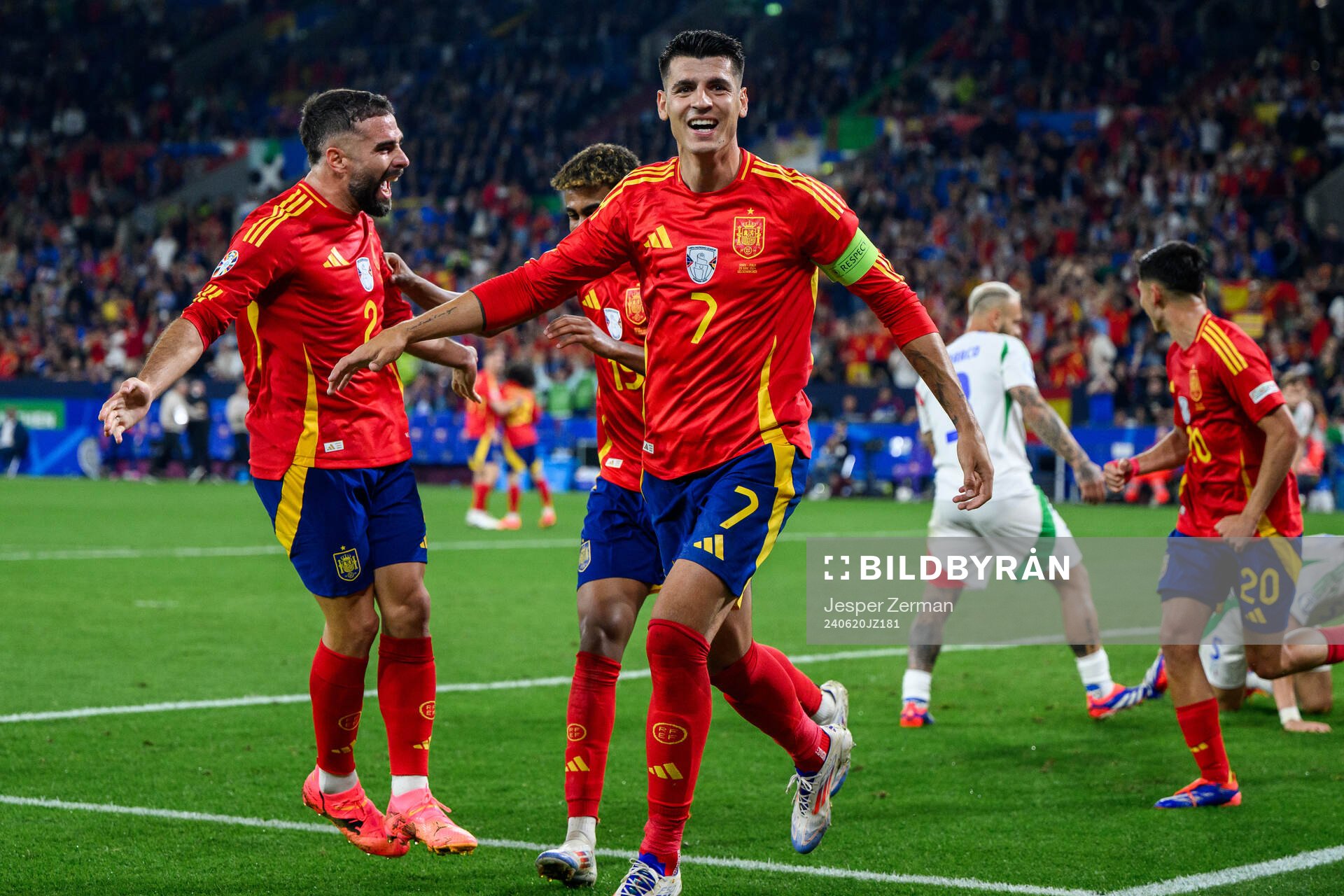 Daniel Carvajal, Lamine Yamal and Alvaro Morata of Spain