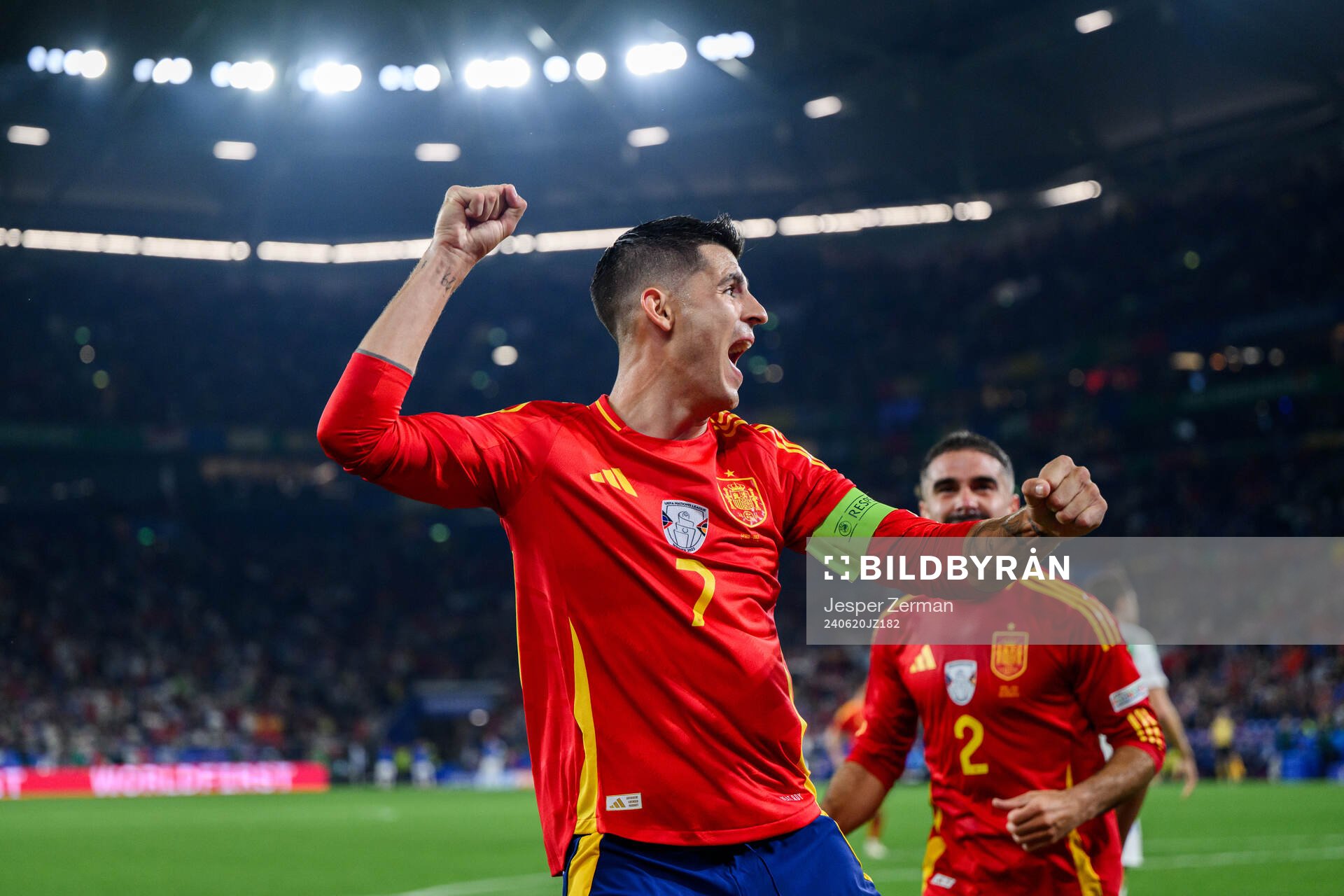 Alvaro Morata and Daniel Carvajal of Spain celebrate