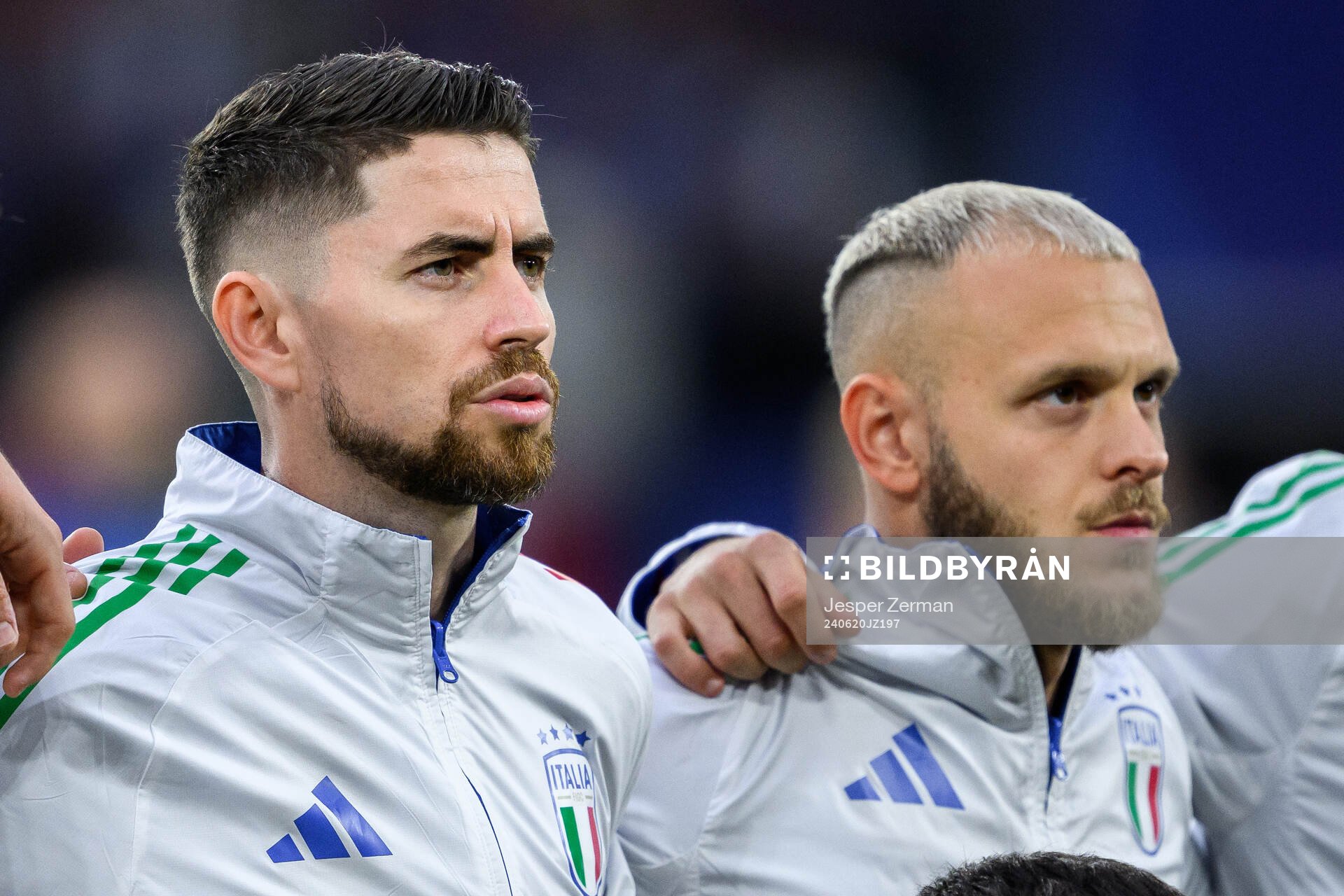 Jorginho and Federico di Marco of Italy ahead of the UEFA Euro 2024 Football Championship match between Spain and Italy on June 20, 2024 in Gelsenkirchen.