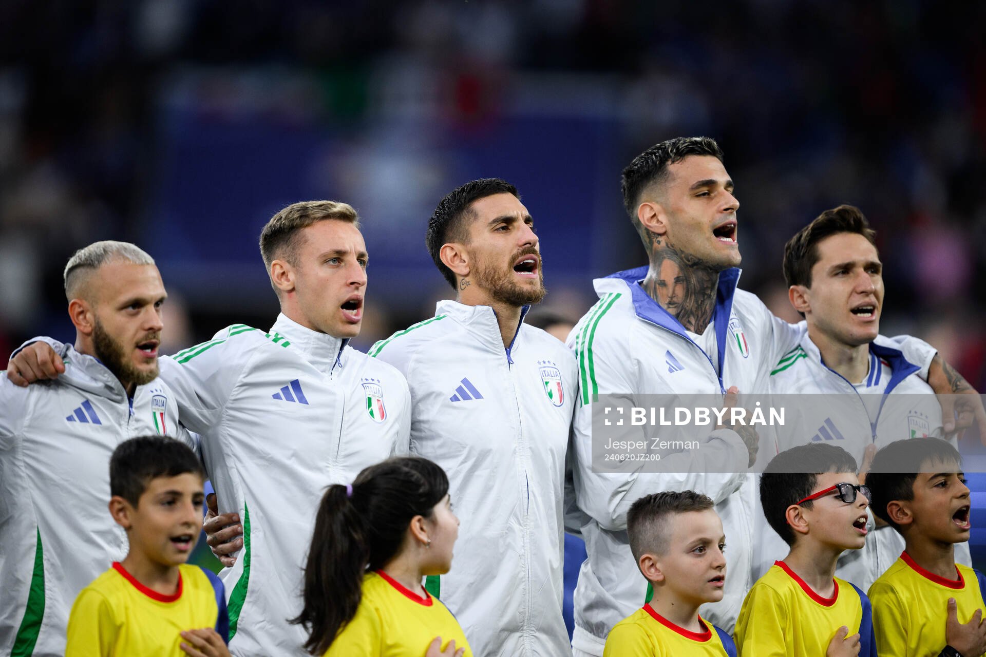 Federico Di Marco, Davide Frattesi, Lorenzo Pellegrini, Gianluca Scamacca and Federico Chiesa of Italy ahead of the UEFA Euro 2024 Football Championship match between Spain and Italy on June 20, 2024 in Gelsenkirchen.