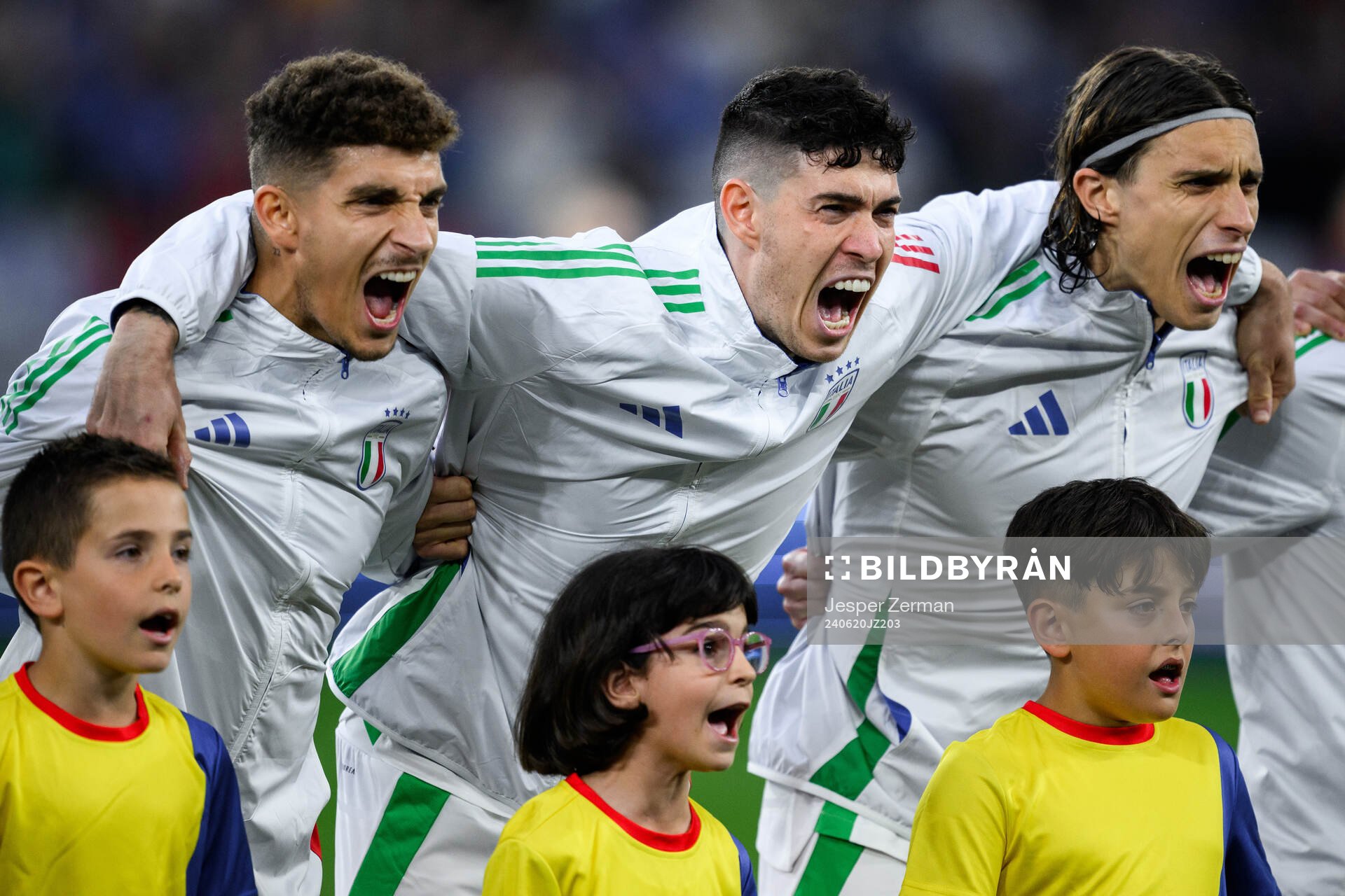 Giovanni Di Lorenzo, Alessandro Bastoni and Riccardo Calafiori of Italy ahead of the UEFA Euro 2024 Football Championship match between Spain and Italy on June 20, 2024 in Gelsenkirchen.