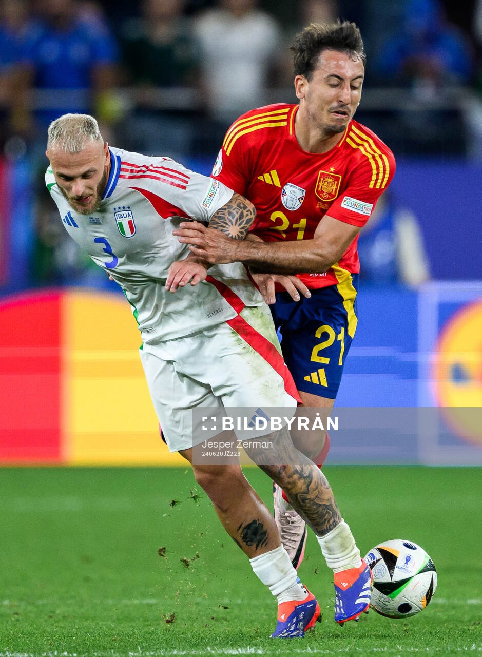 Federico Di Marco of Italy against Mikel Oyarzabal of Spain during the UEFA Euro 2024 Football Championship match between Spain and Italy on June 20, 2024 in Gelsenkirchen.