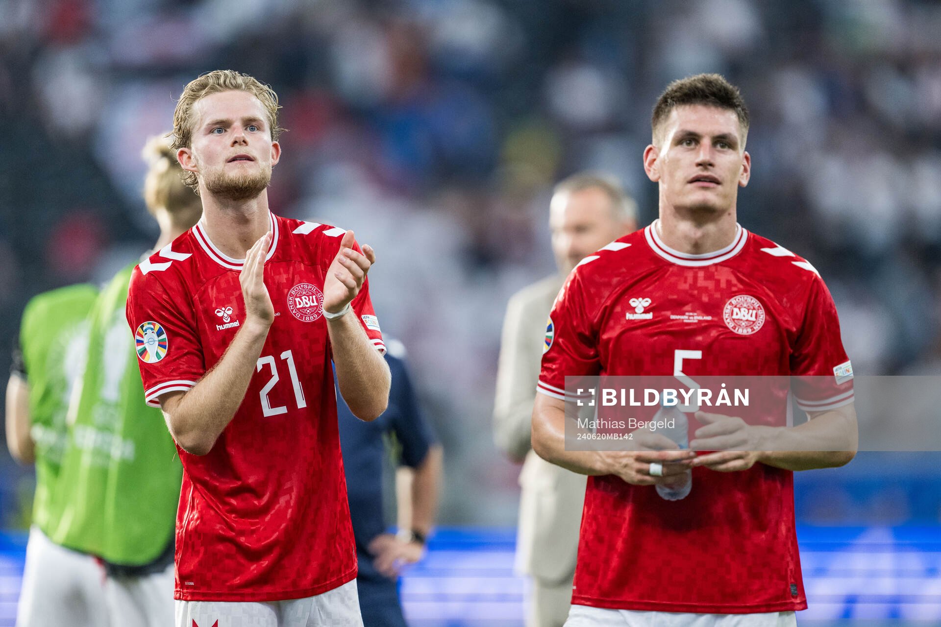 Morten Hjulmand and Joakim Mæhle of Denmark after the UEFA Euro 2024 Football Championship match between Denmark and England on June 20, 2024 in Frankfurt.