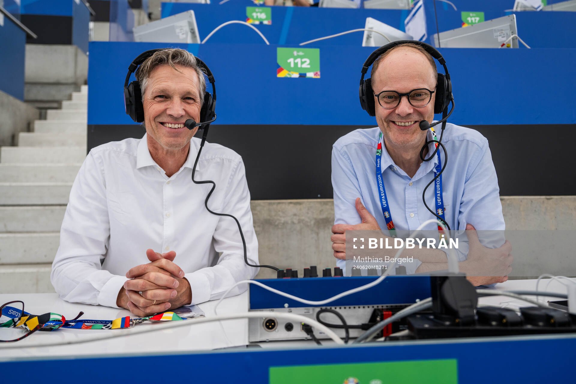 Jens Fjellström and Lasse Granqvist, commentators of Swedish broadcaster TV4, ahead of the UEFA Euro 2024 Football Championship match between Denmark and England on June 20, 2024 in Frankfurt.
