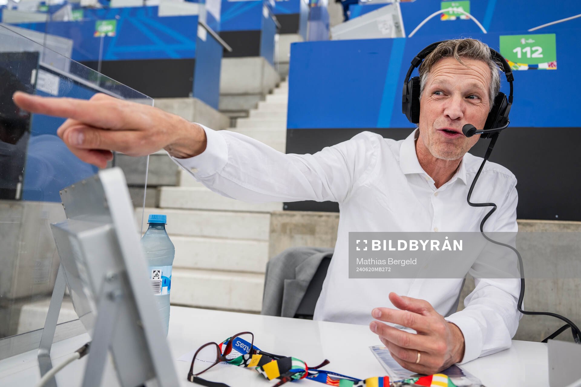 Jens Fjellström, commentator of Swedish broadcaster TV4, ahead of the UEFA Euro 2024 Football Championship match between Denmark and England on June 20, 2024 in Frankfurt. 