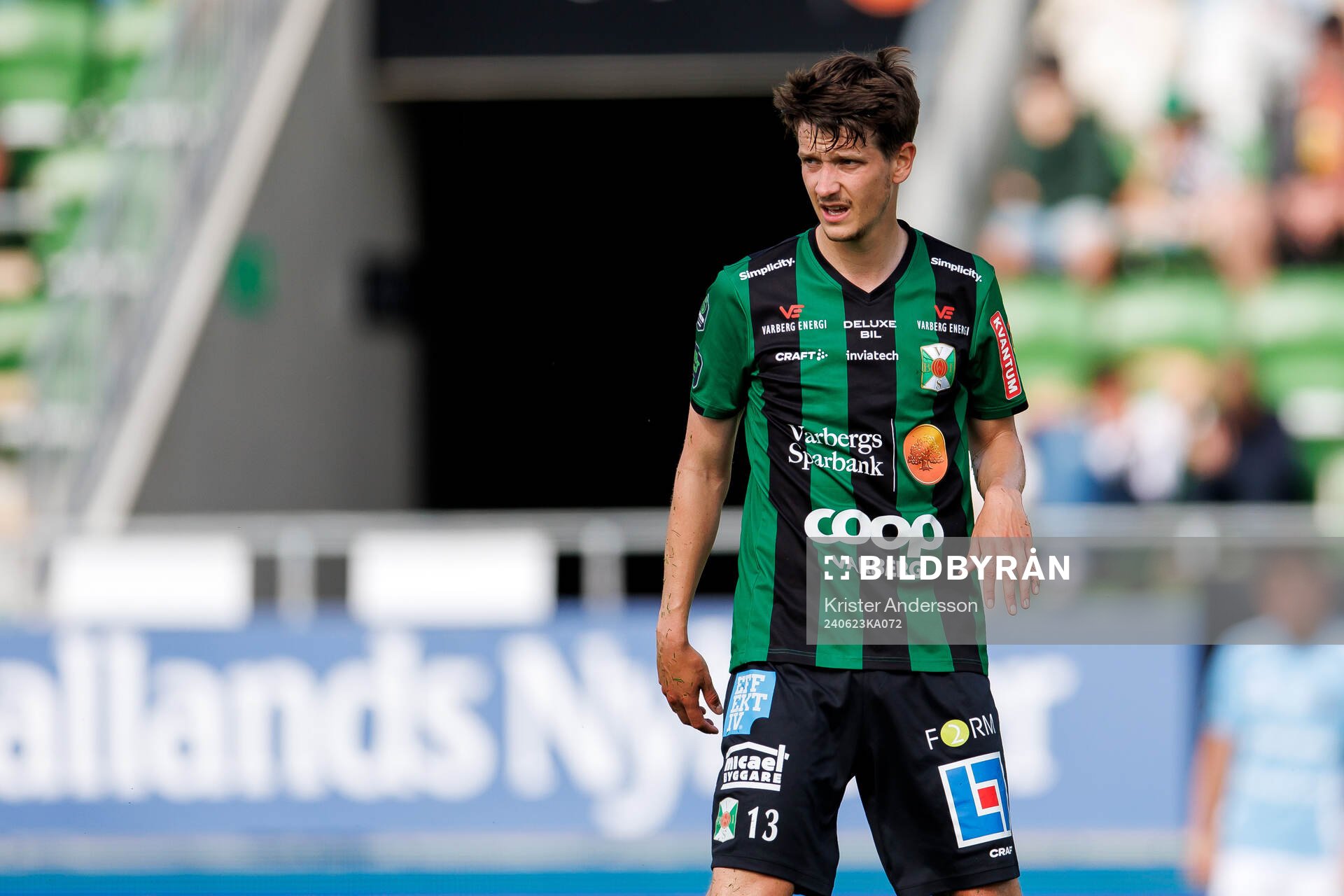 Varbergs Olle Edlund under fotbollsmatchen i Superettan mellan Varberg och Gefle den 23 juni 2024 i Varberg. 