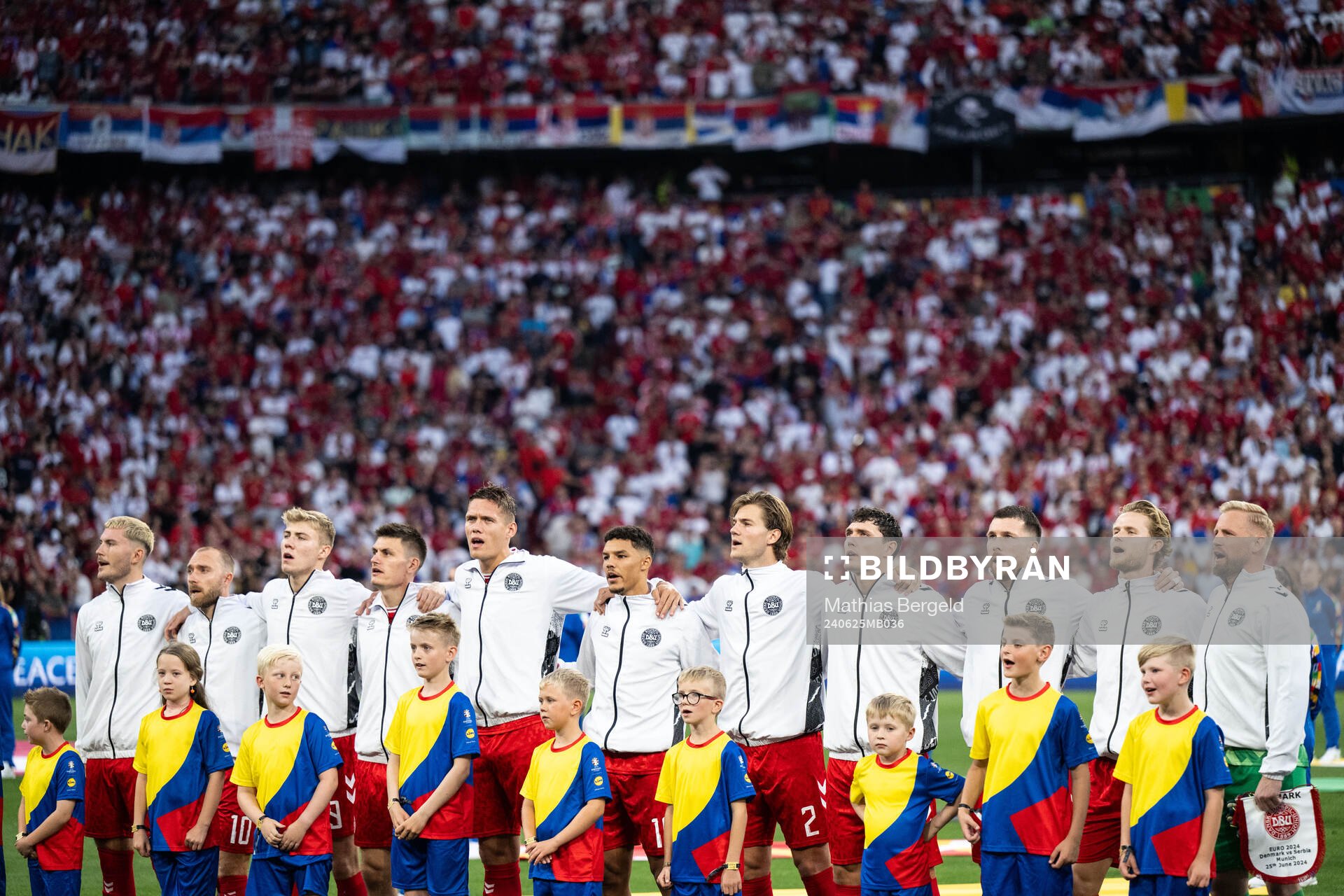 Players of Denmark ahead of the UEFA Euro 2024 Football Championship match between Denmark and Serbia on June 25, 2024 in Munich.