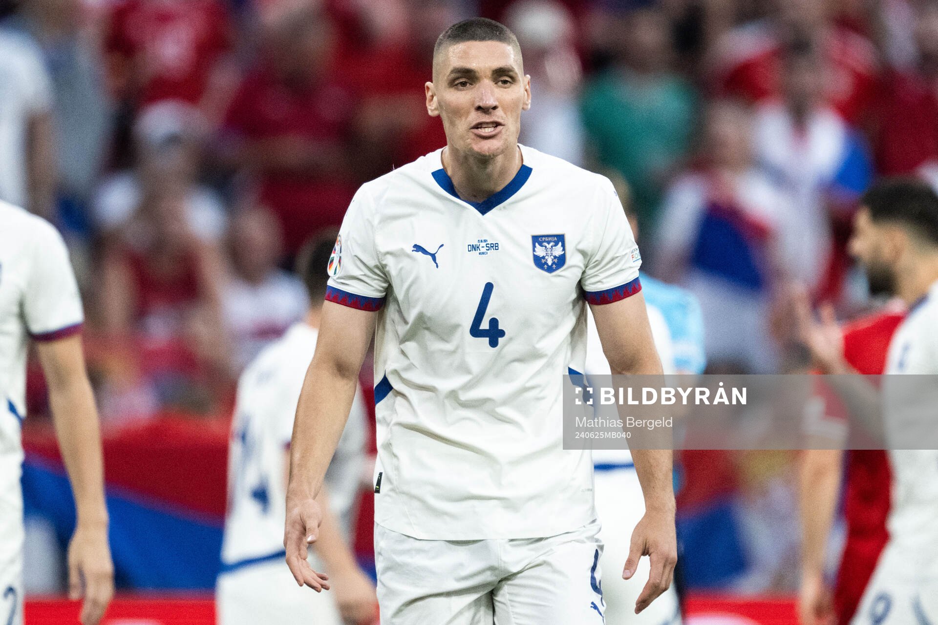 Nikola Milenkovic of Serbia reacts during the UEFA Euro 2024 Football Championship match between Denmark and Serbia on June 25, 2024 in Munich. 