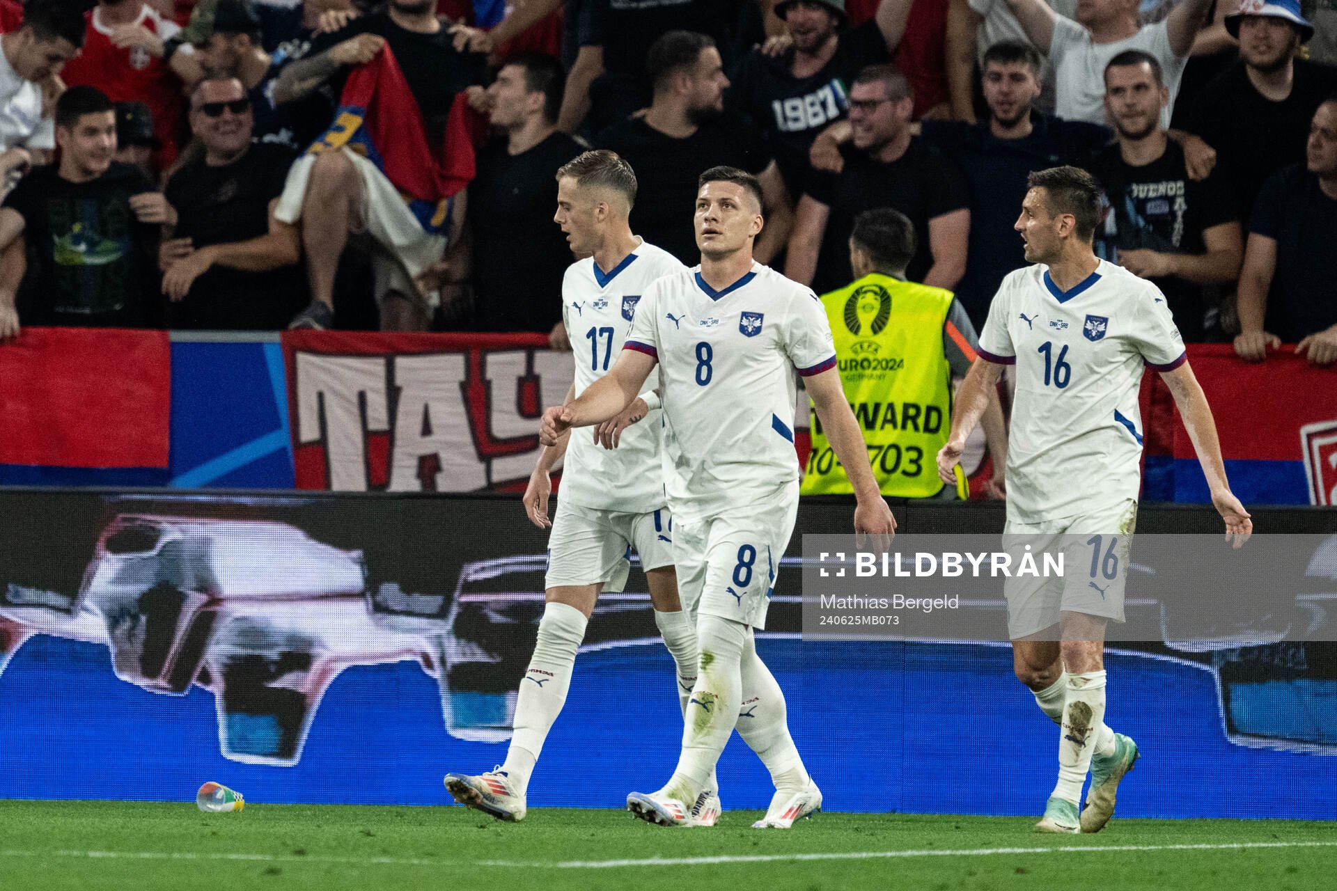 Ivan Ilic, Luka Jovic and Srdan Mijailovic of Serbia look