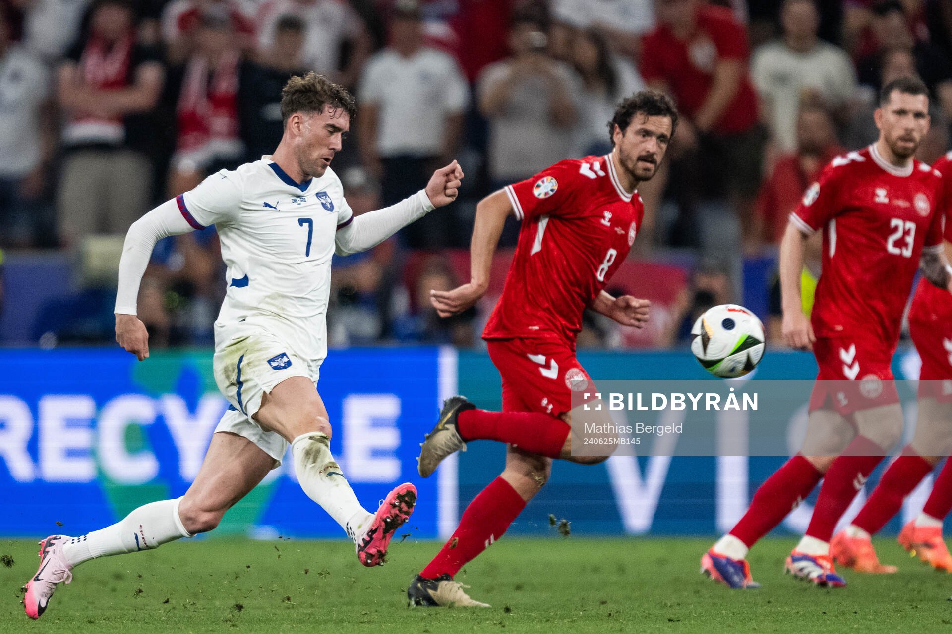 Dusan Vlahovic of Serbia during the UEFA Euro 2024 Football Championship match between Denmark and Serbia on June 25, 2024 in Munich.