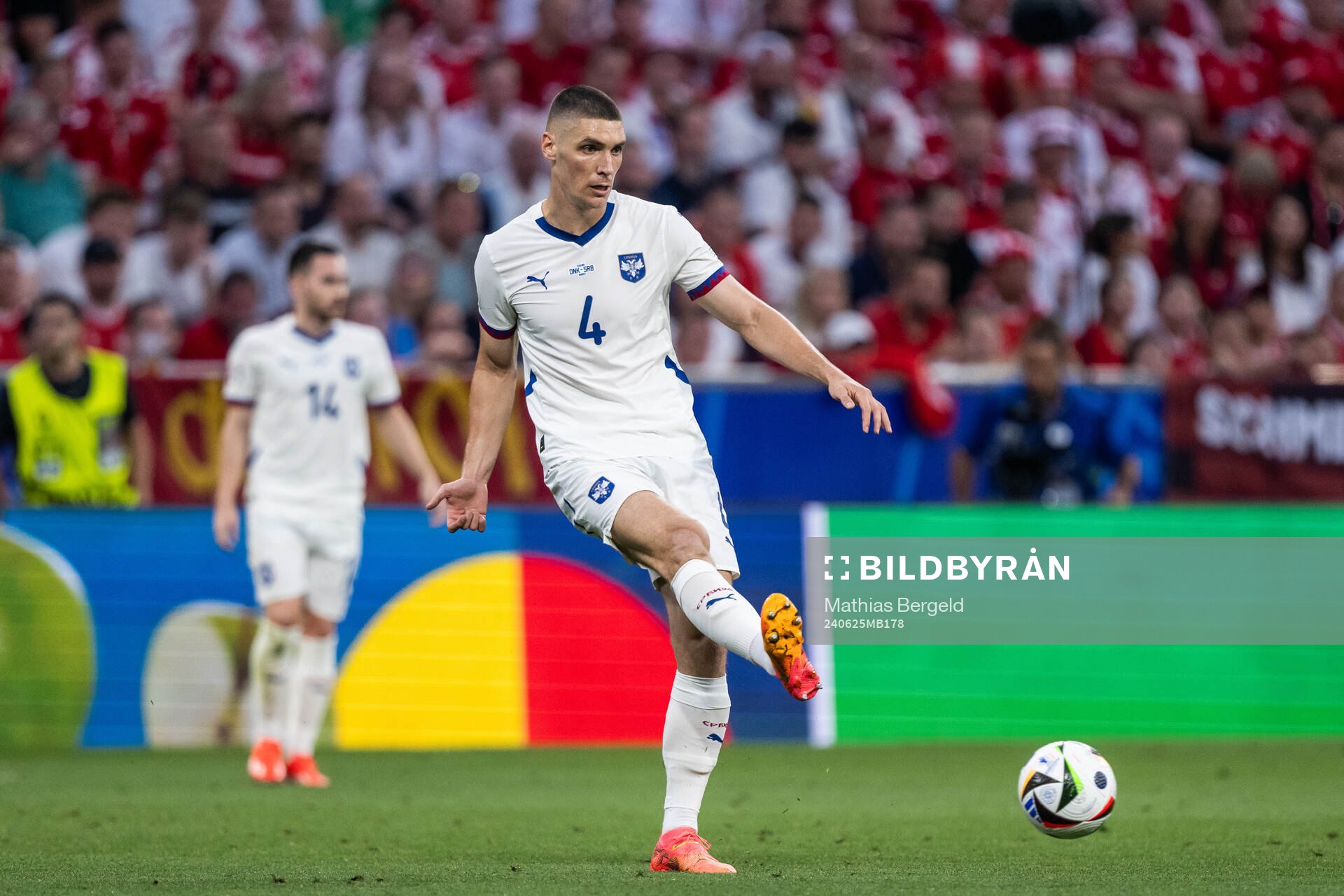 Nikola Milenkovic of Serbia during the UEFA Euro 2024 Football Championship match between Denmark and Serbia on June 25, 2024 in Munich.