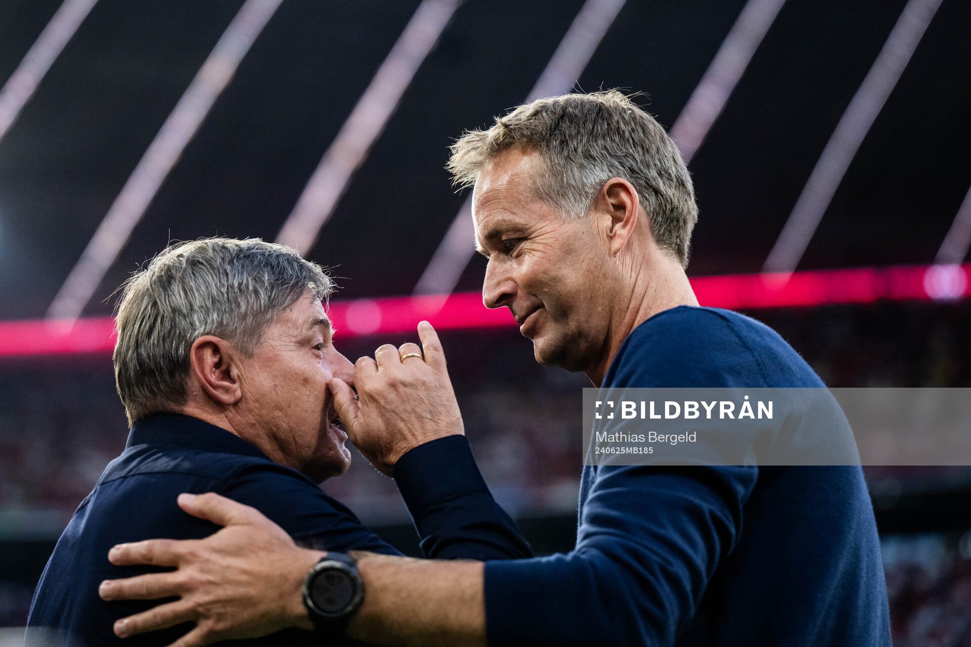 Head coach Dragan Stojkovic of Serbia and Head coach Kasper Hjulmand of Denmark ahead of the UEFA Euro 2024 Football Championship match between Denmark and Serbia on June 25, 2024 in Munich.