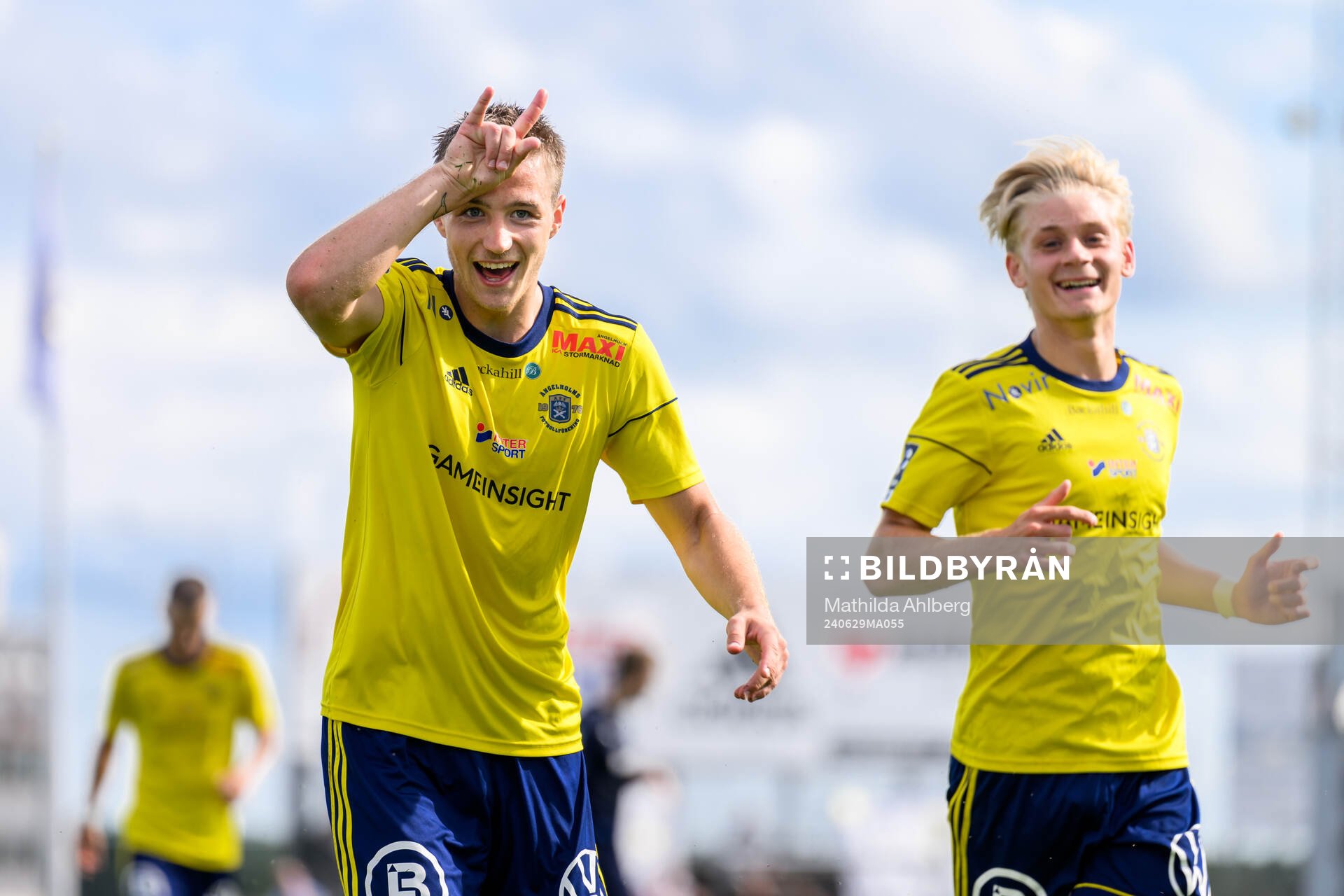 Ängelholms André Gustafson jublar efter 2-1 under fotbollsmatchen i Ettan södra mellan Ängelholm och Eskilsminne den 29 juni 2024 i Ängelholm.