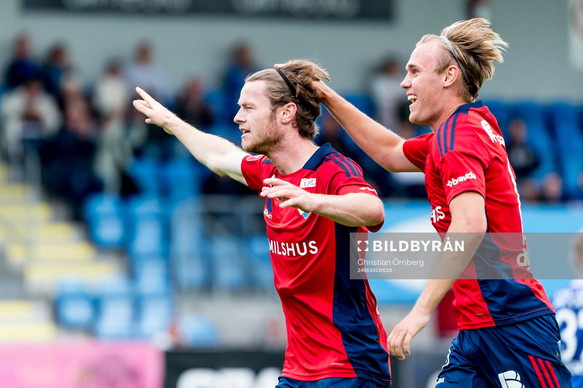 Östers Daniel Ljung jublar efter 0-1 under fotbollsmatchen i Superettan mellan Trelleborg och Öster den 30 juni 2024 i Trelleborg. 