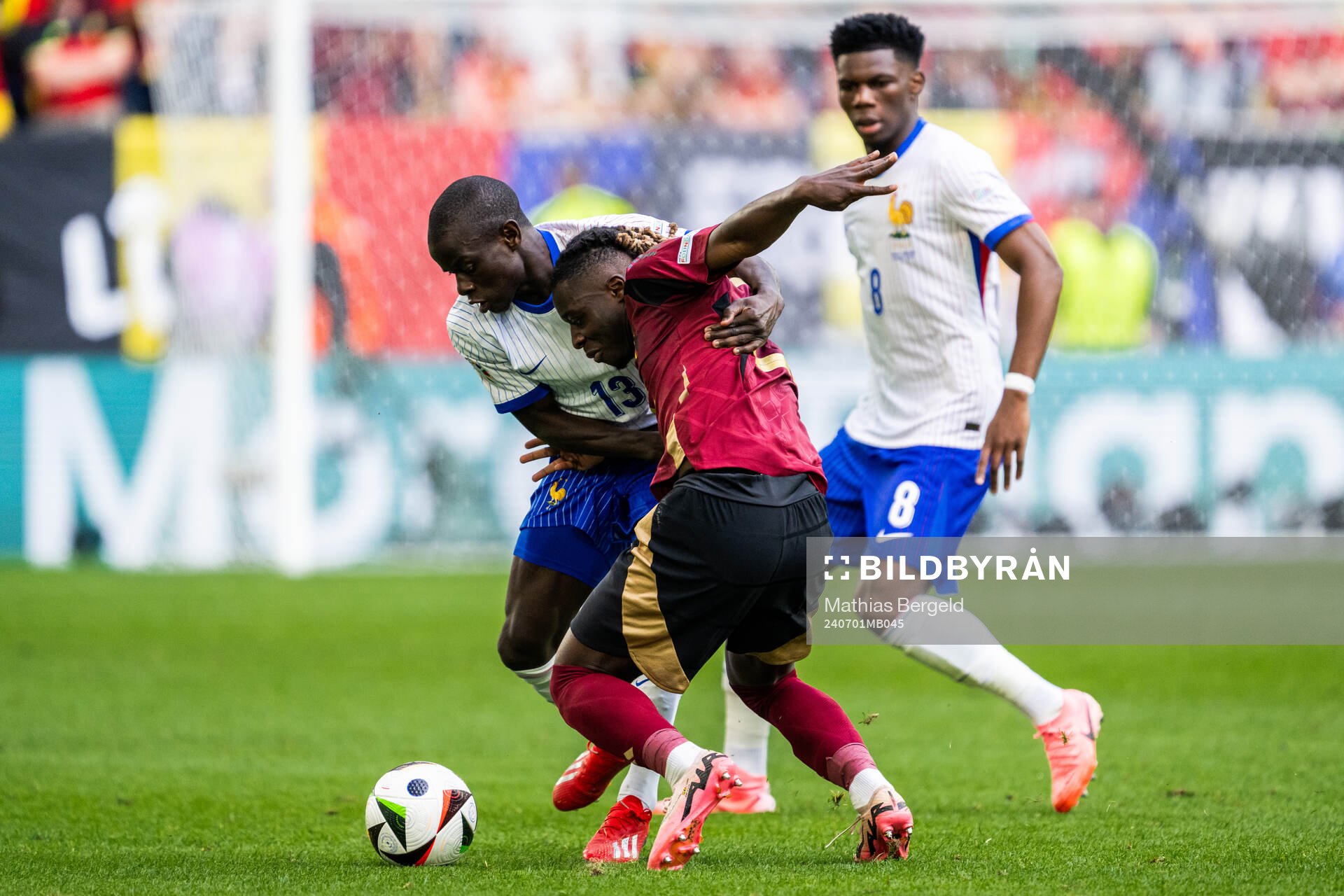 N'Golo Kanté of France and Jeremy Doku of Belgium during the UEFA Euro 2024 Football Championship round of 16 match between France and Belgium on July 1, 2024 in Dusseldorf.