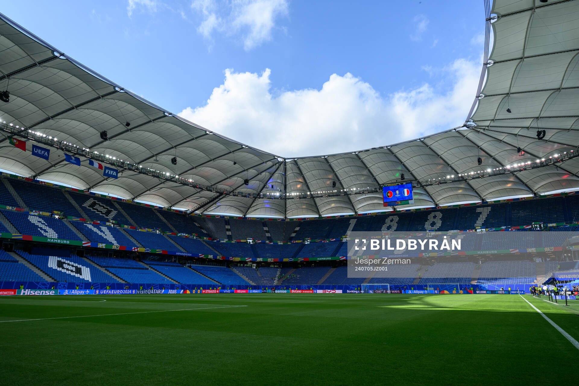 Interior view of Volksparkstadion ahead of the UEFA Euro 2024 Football Championship Quarterfinal between Portugal and France on July 5, 2024 in Hamburg.