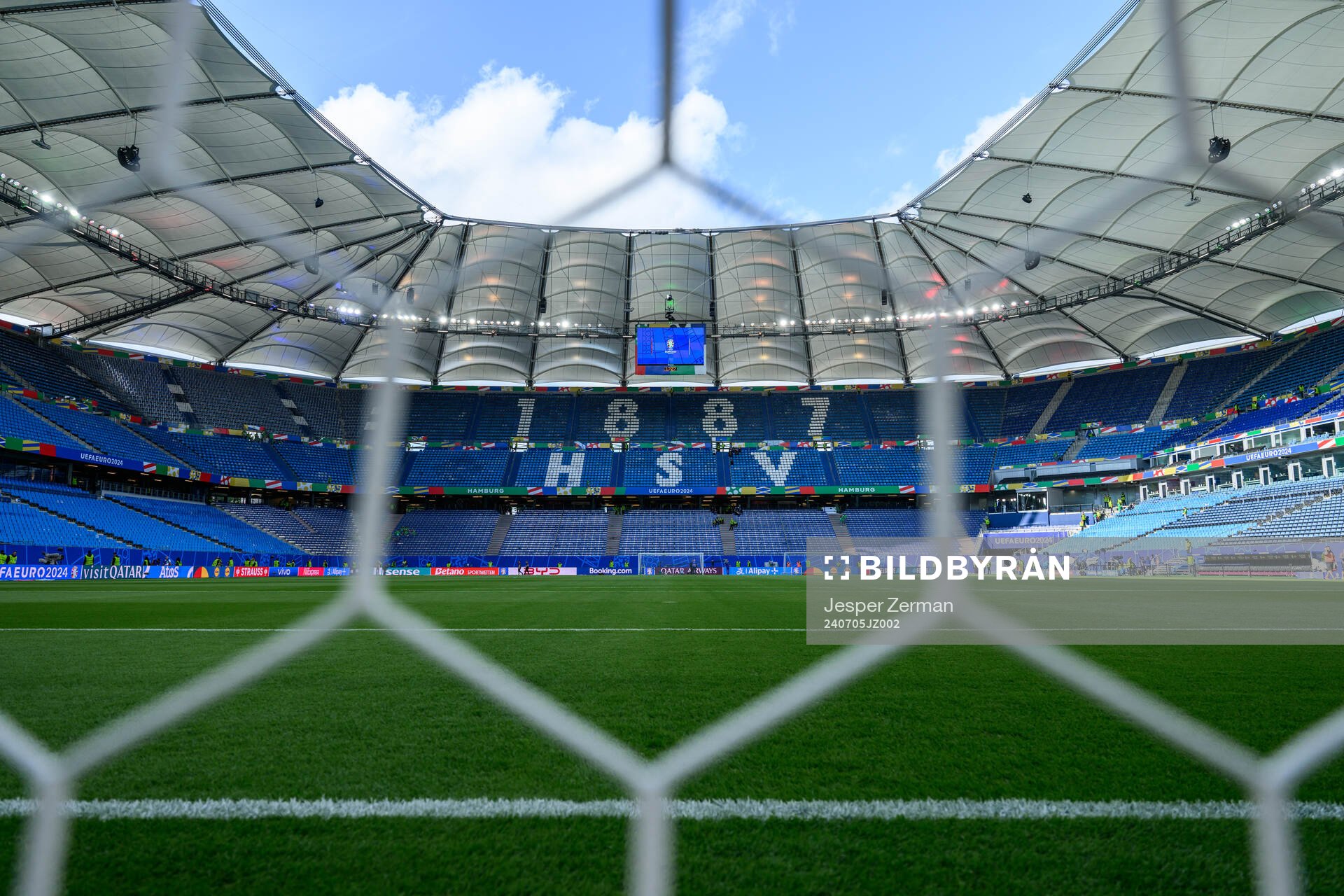 Interior view of Volksparkstadion ahead of the UEFA Euro 2024 Football Championship Quarterfinal between Portugal and France on July 5, 2024 in Hamburg. 
