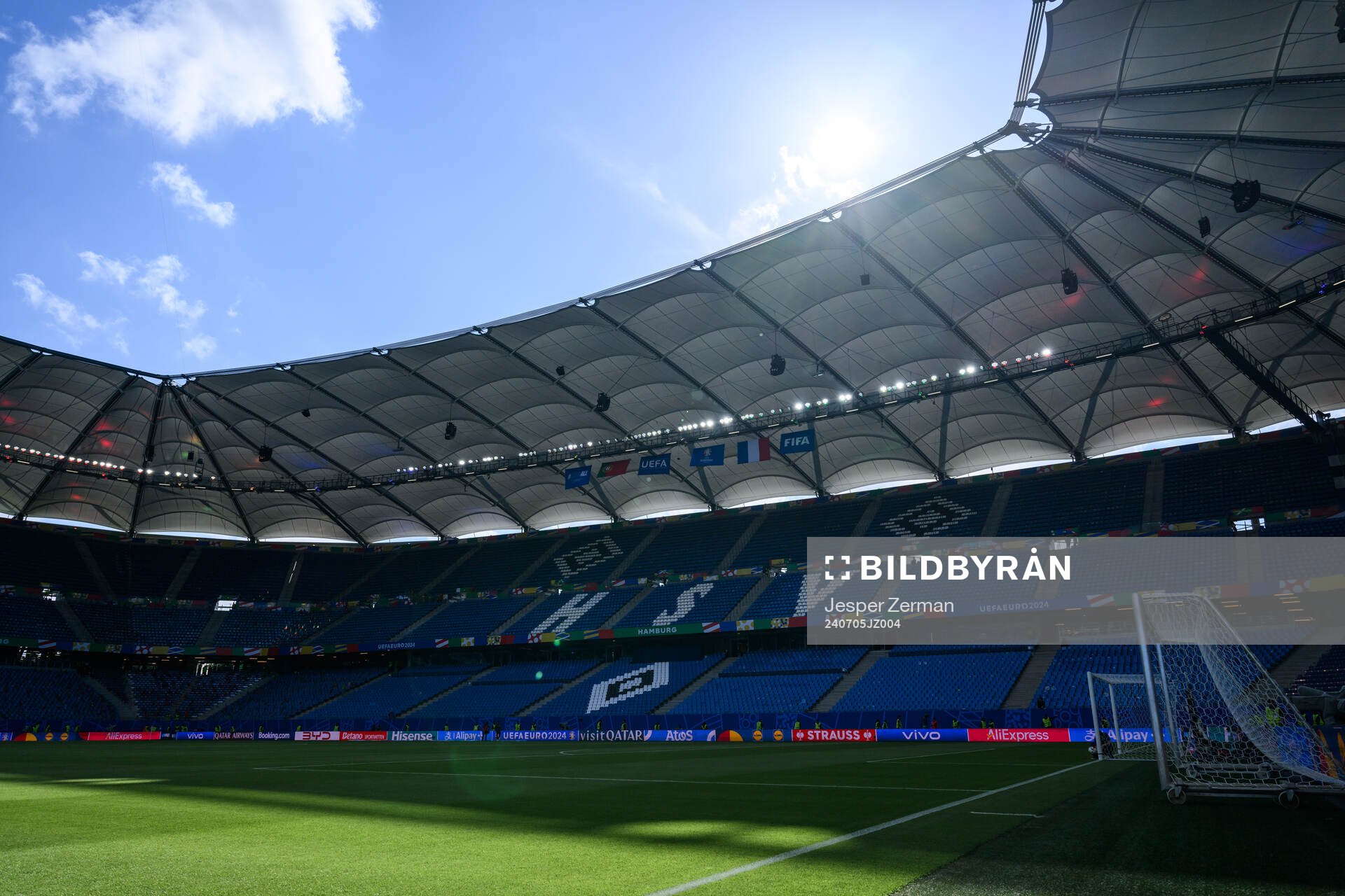 Interior view of Volksparkstadion ahead of the UEFA Euro 2024 Football Championship Quarterfinal between Portugal and France on July 5, 2024 in Hamburg. 