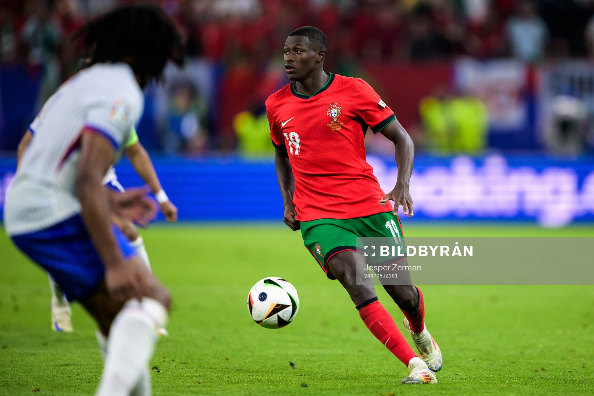 Nuno Mendes of Portugal during the UEFA Euro 2024 Football Championship Quarterfinal between Portugal and France on July 5, 2024 in Hamburg.