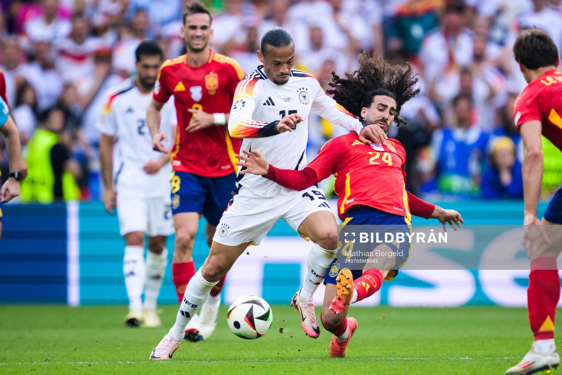 Leroy Sane of Germany and Marc Cucurella of Spain during the UEFA Euro 2024 Football Championship quarterfinal between Spain and Germany on July 5, 2024 in Stuttgart.