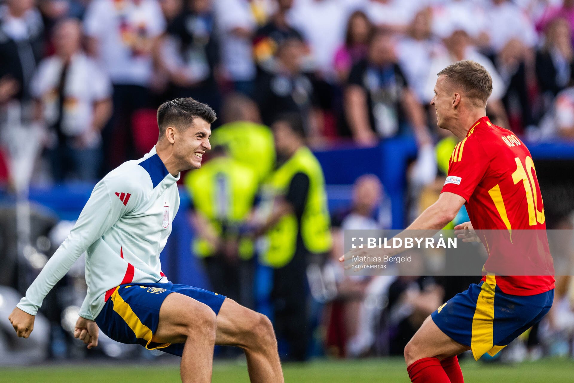 Alvaro Morata and Daniel Olmo of Spain celebrate