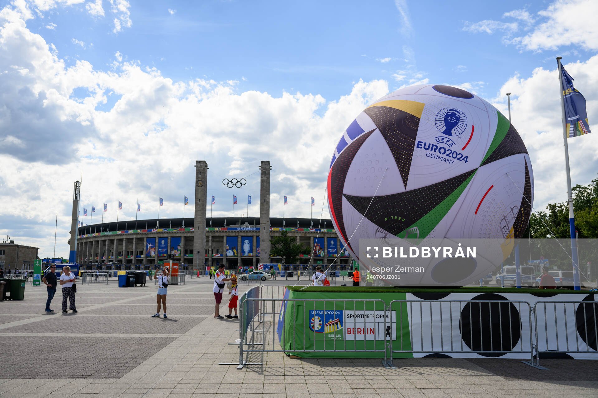 Exterior view of Olympiastadion ahead of the UEFA Euro 2024 Football Championship quarterfinal between Netherlands and Turkey on July 6, 2024 in Berlin.
