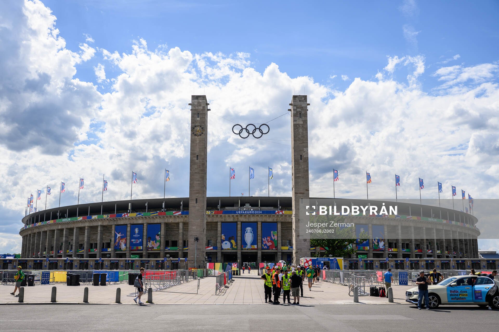 Exterior view of Olympiastadion ahead of the UEFA Euro 2024 Football Championship quarterfinal between Netherlands and Turkey on July 6, 2024 in Berlin.