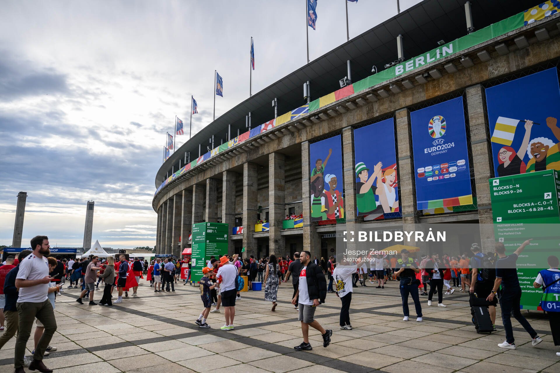 Exterior view of Olympiastadion ahead of the UEFA Euro 2024 Football Championship quarterfinal between Netherlands and Turkey on July 6, 2024 in Berlin.