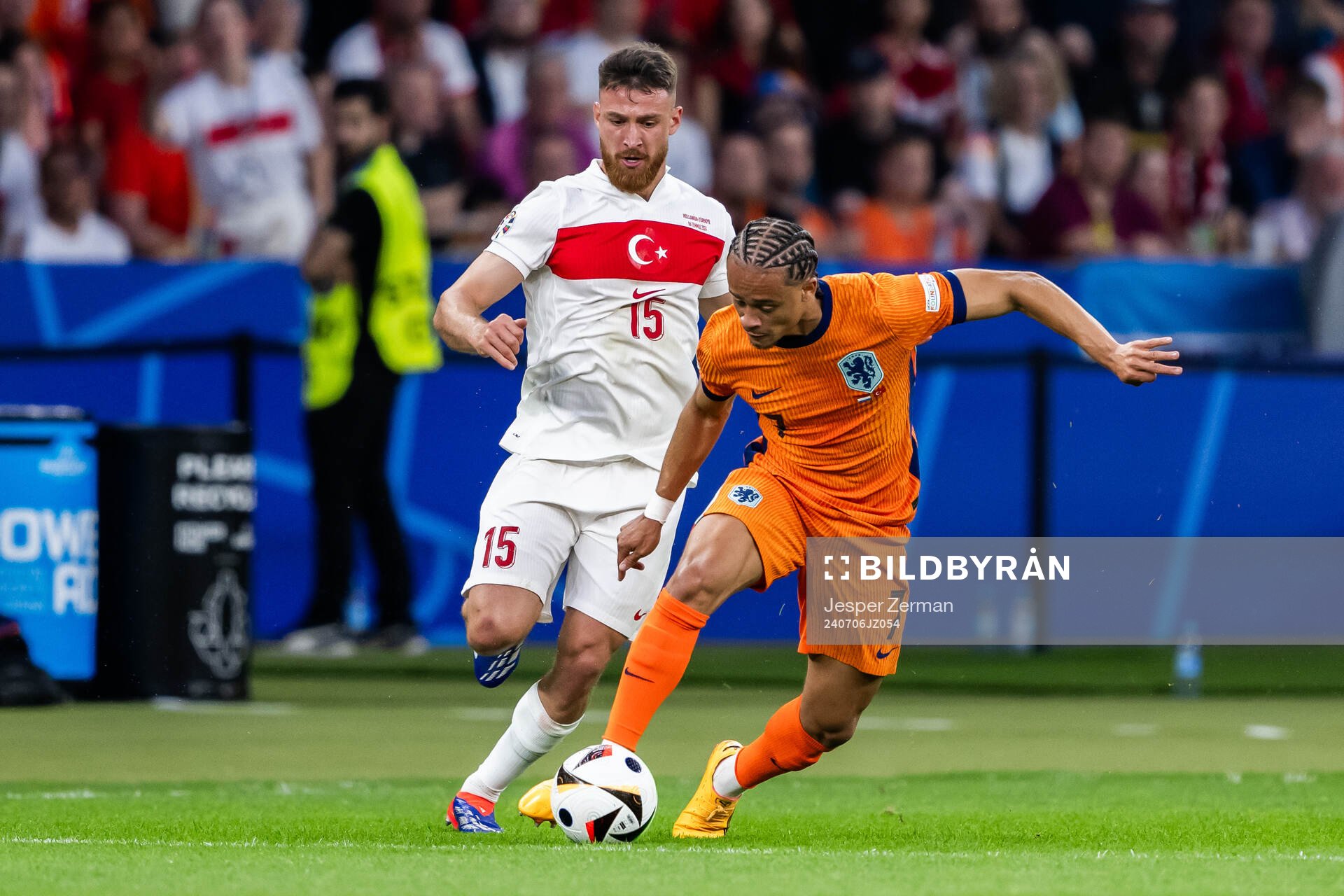 Salih Özcan of Turkey and Xavi Simons of Netherlands during the UEFA Euro 2024 Football Championship quarterfinal between Netherlands and Turkey on July 6, 2024 in Berlin.