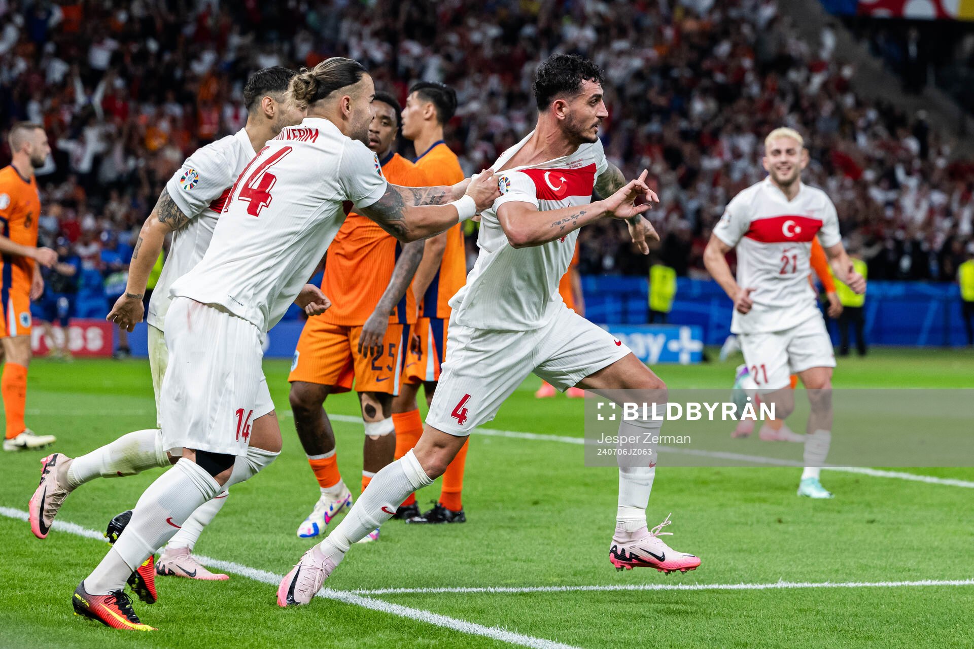 Samet Akaydin of Turkey celebrates after 0-1 during the UEFA Euro 2024 Football Championship quarterfinal between Netherlands and Turkey on July 6, 2024 in Berlin.