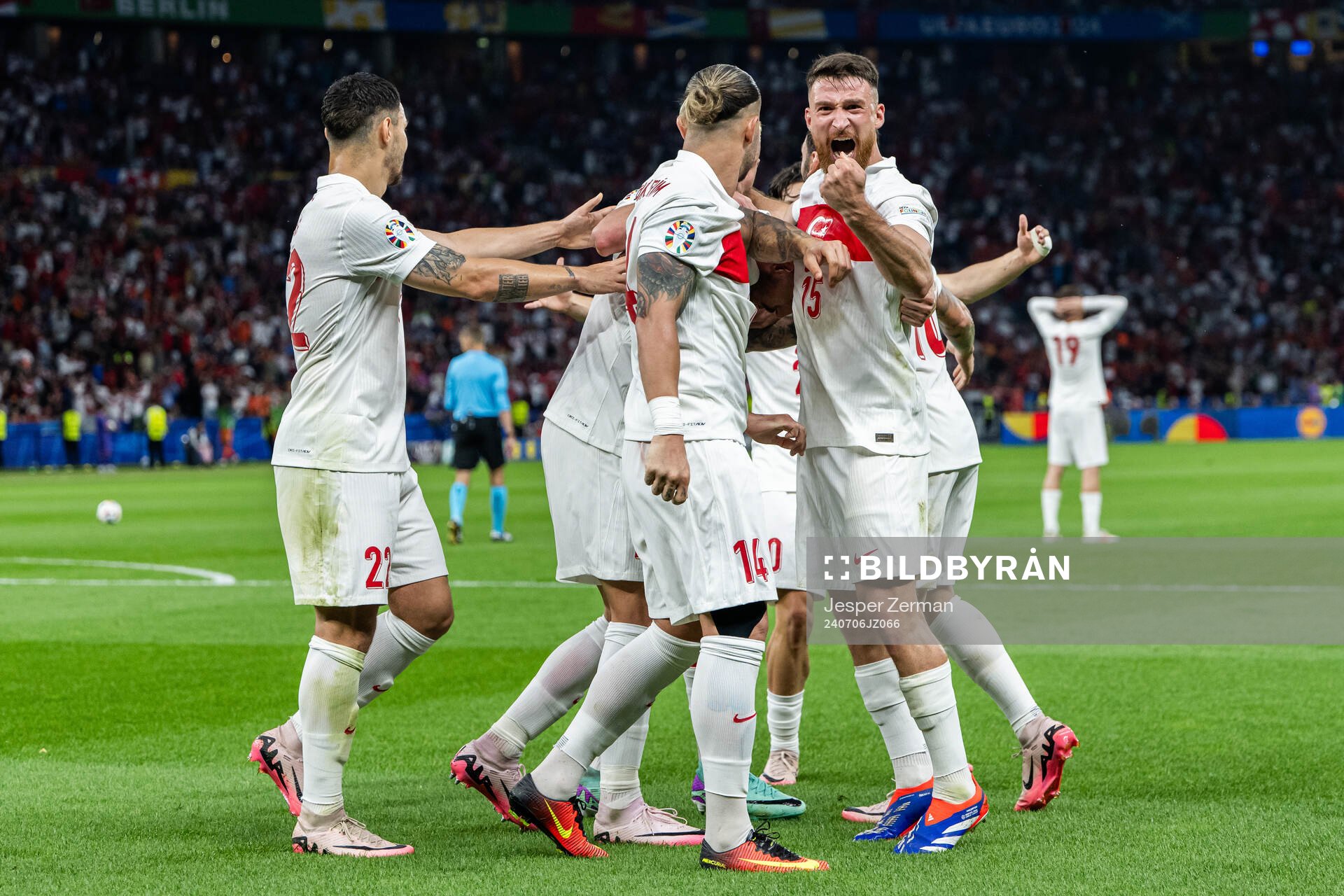 Salih Özcan of Turkey celebrates after 0-1 during the UEFA Euro 2024 Football Championship quarterfinal between Netherlands and Turkey on July 6, 2024 in Berlin.